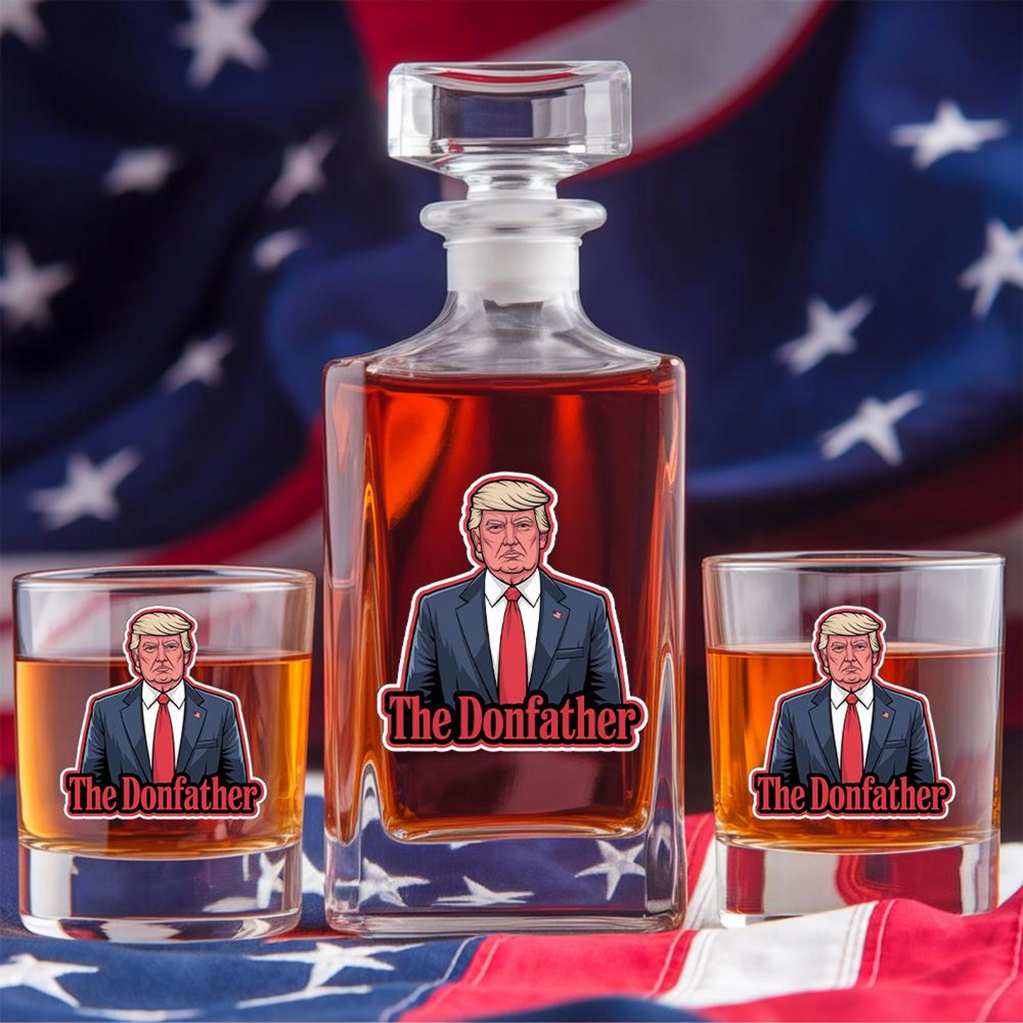 Trump The Donfather Decanter & Whiskey Glass Set | Patriotic Gift | Funny Engraved Whiskey Decanter