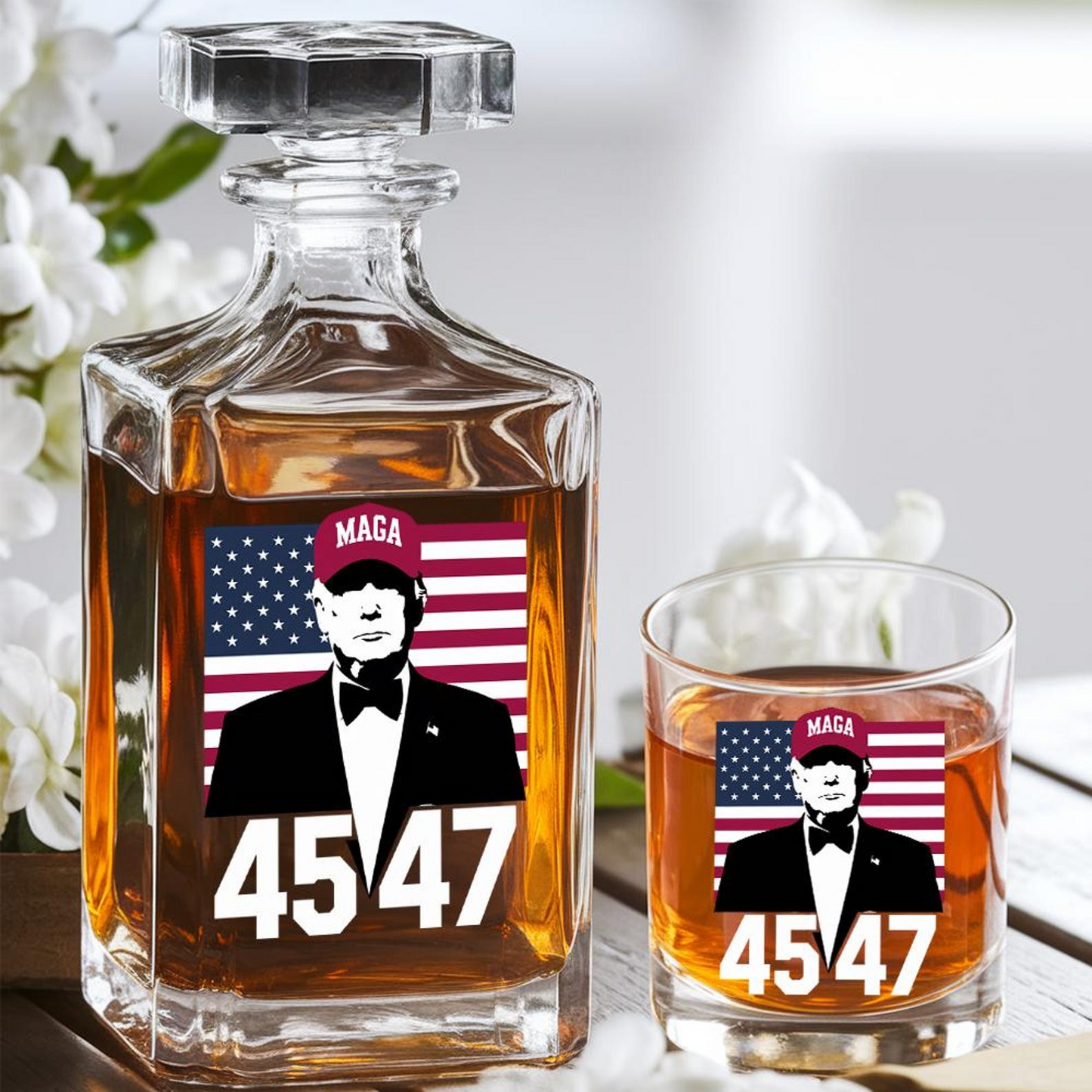 Trump 45 47 Decanter & Whiskey Glass Set | Patriotic Gift | Funny Engraved Whiskey Decanter
