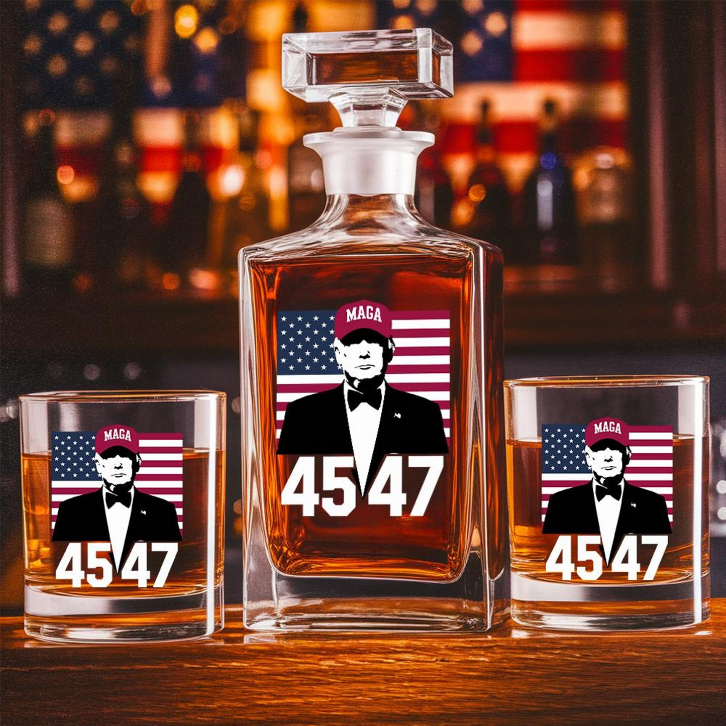 Trump 45 47 Decanter & Whiskey Glass Set | Patriotic Gift | Funny Engraved Whiskey Decanter