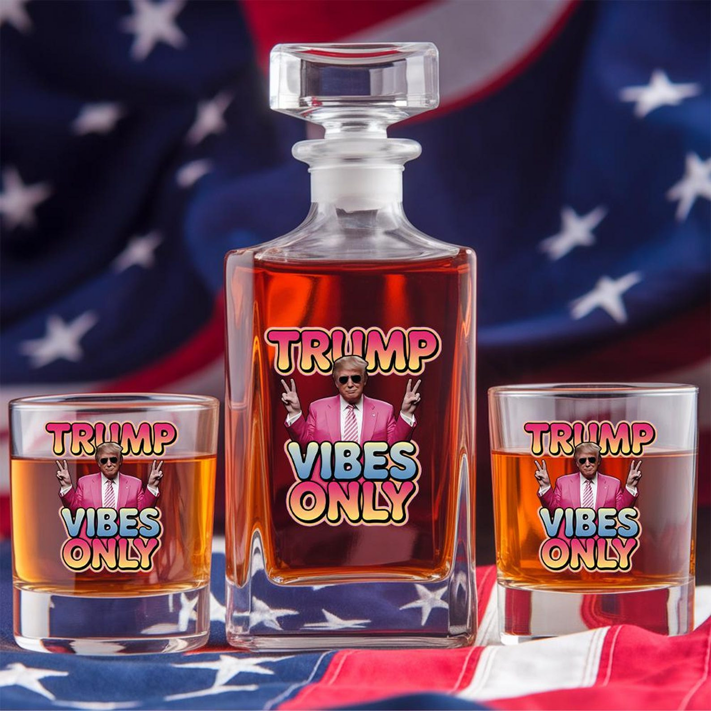 Trump Vibes Only Decanter & Whiskey Glass Set | Patriotic Gift | Funny Engraved Whiskey Decanter