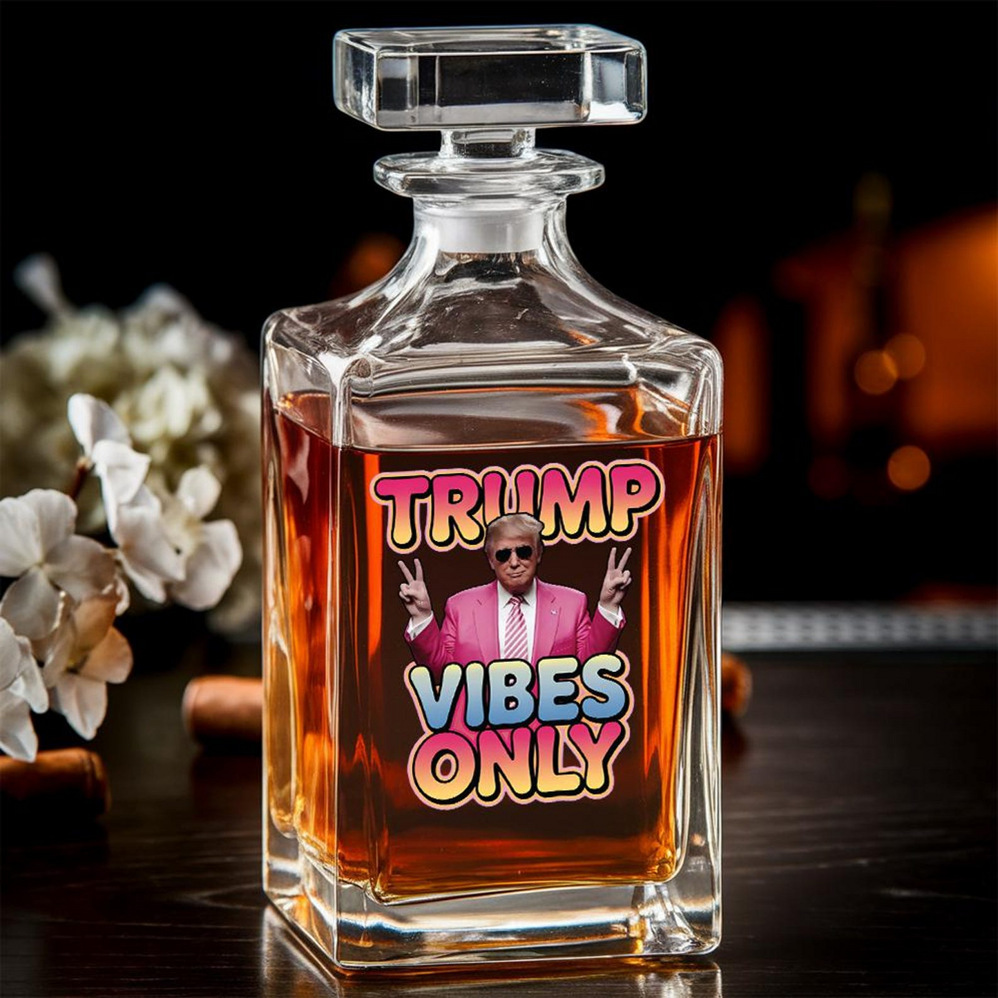 Trump Vibes Only Decanter & Whiskey Glass Set | Patriotic Gift | Funny Engraved Whiskey Decanter
