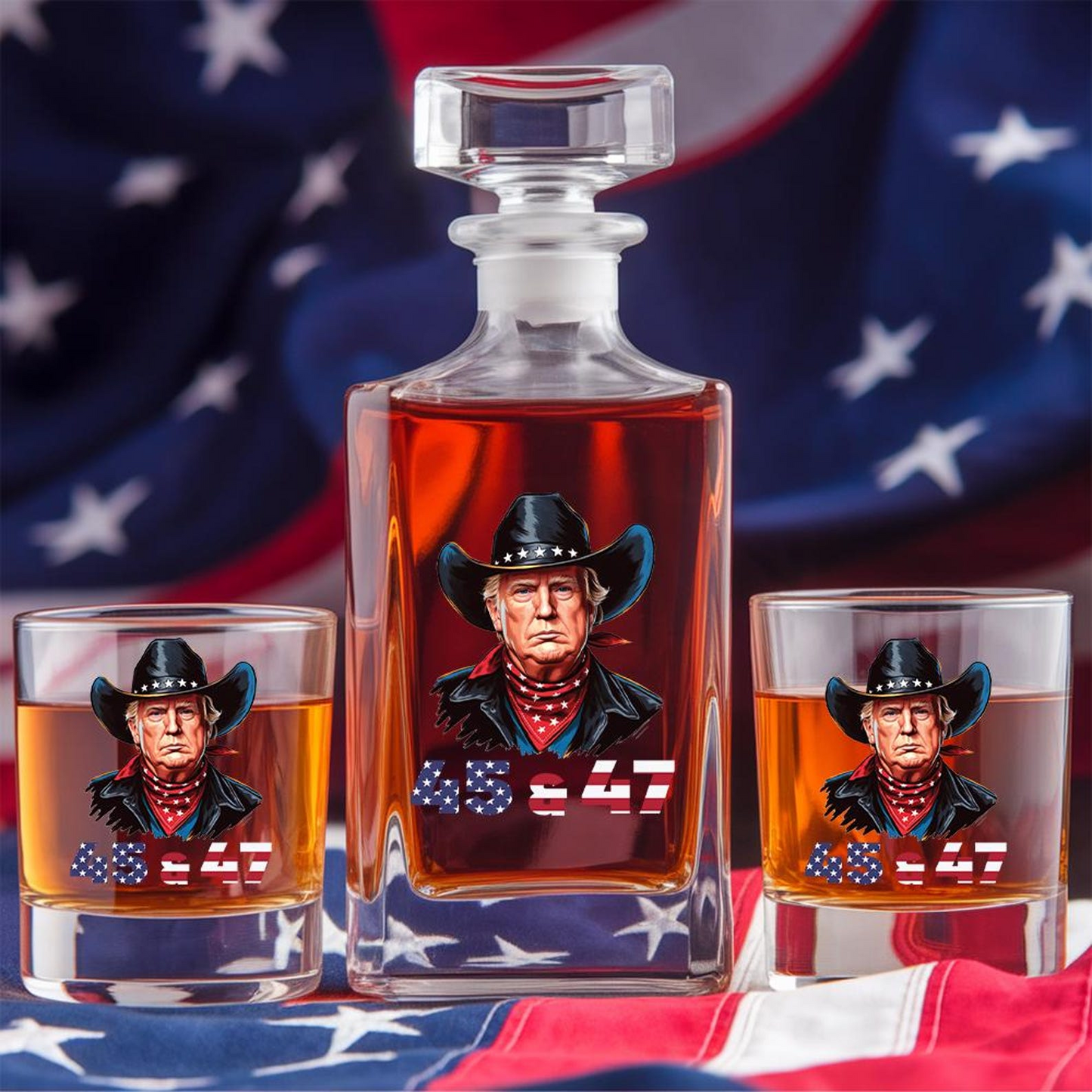 Trump Cowboy Decanter & Whiskey Glass Set | Patriotic Gift | Funny Engraved Whiskey Decanter