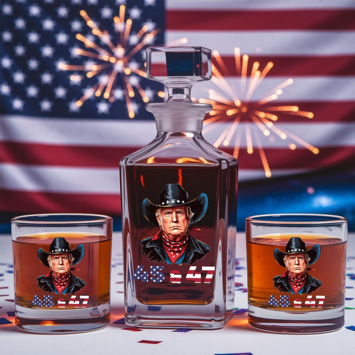 Trump Cowboy Decanter & Whiskey Glass Set | Patriotic Gift | Funny Engraved Whiskey Decanter