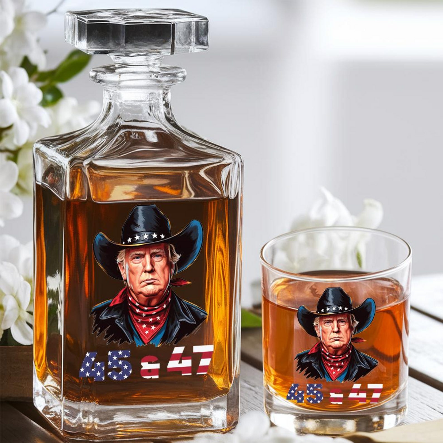 Trump Cowboy Decanter & Whiskey Glass Set | Patriotic Gift | Funny Engraved Whiskey Decanter