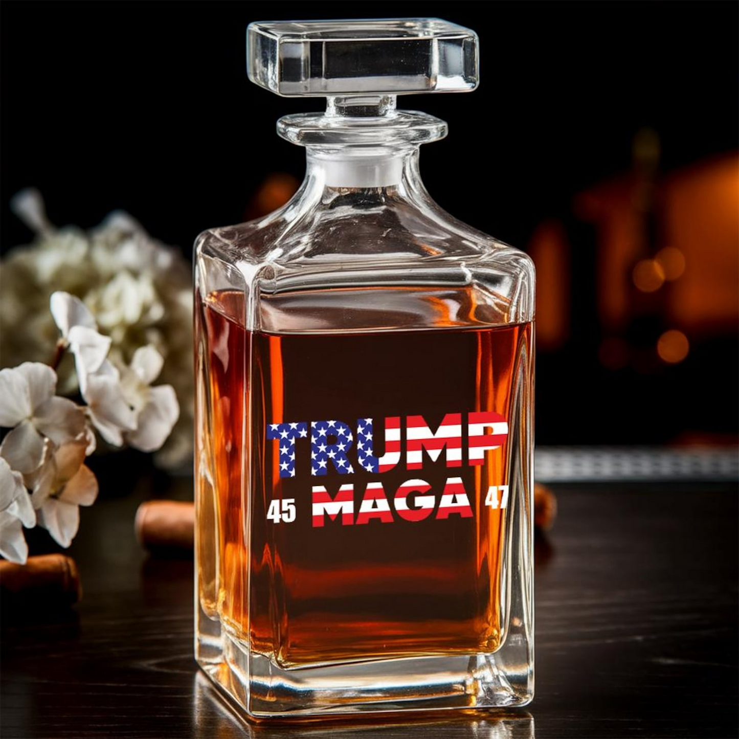 Trump Maga 45 47 Decanter & Whiskey Glass Set | Patriotic Gift | Engraved Whiskey Decanter