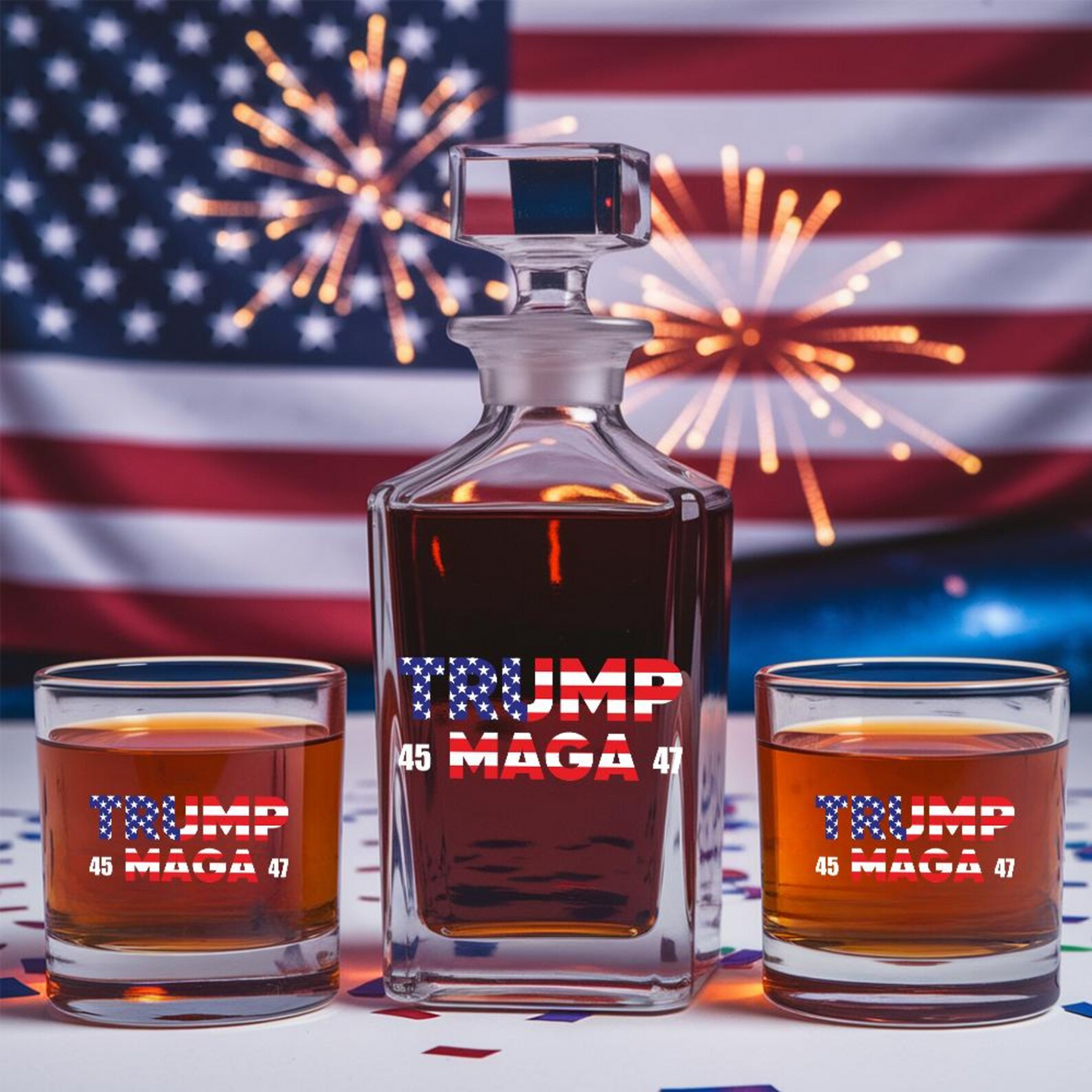 Trump Maga 45 47 Decanter & Whiskey Glass Set | Patriotic Gift | Engraved Whiskey Decanter