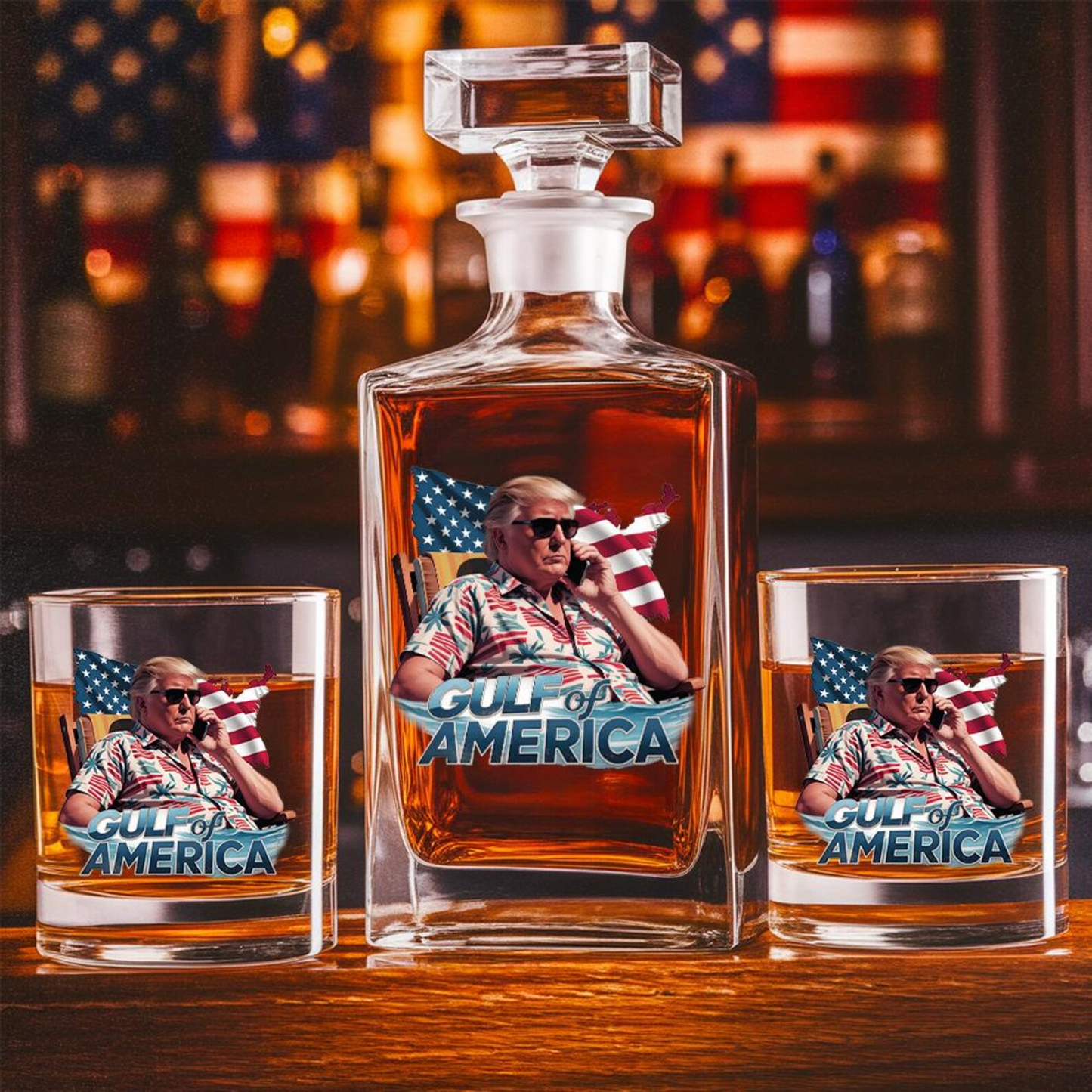Donald Trump Gulf Of America Decanter & Whiskey Glass Set | Patriotic Gift | Engraved Whiskey Decanter