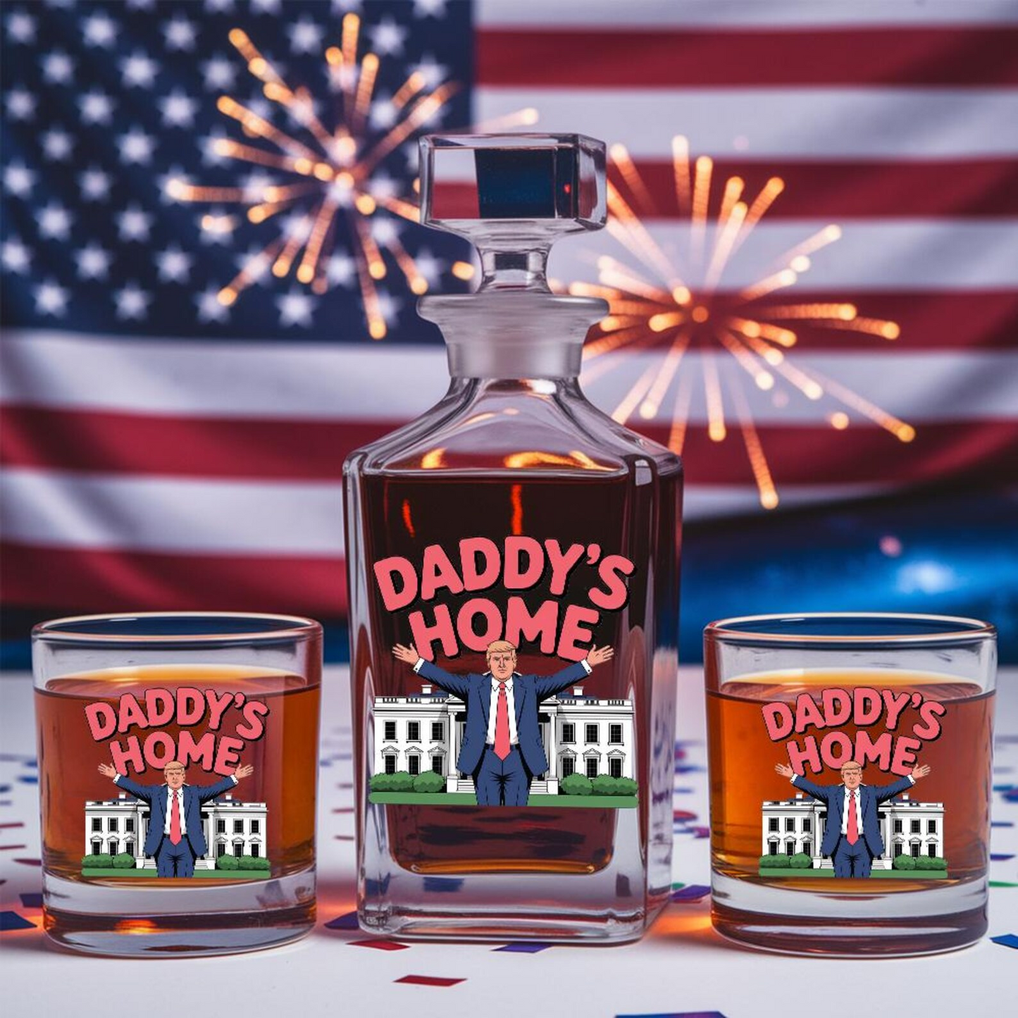 Donald Trump Daddy's Home Decanter & Whiskey Glass Set | Patriotic Gift | Engraved Whiskey Decanter