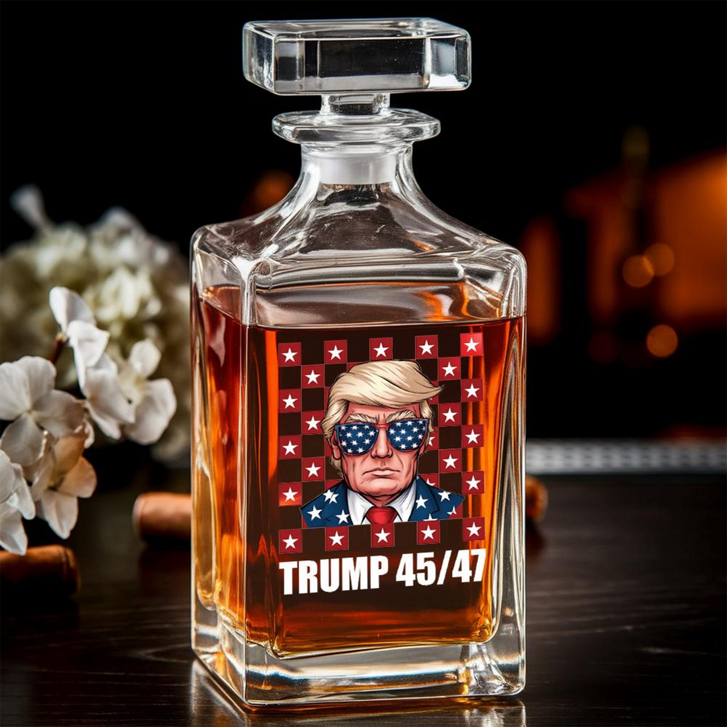 President Donald Trump Decanter & Whiskey Glass Set | Patriotic Gift | Engraved Whiskey Decanter
