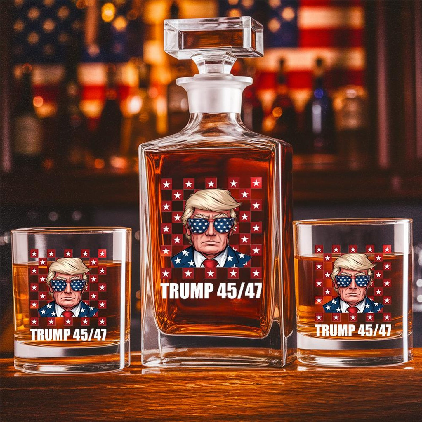 President Donald Trump Decanter & Whiskey Glass Set | Patriotic Gift | Engraved Whiskey Decanter