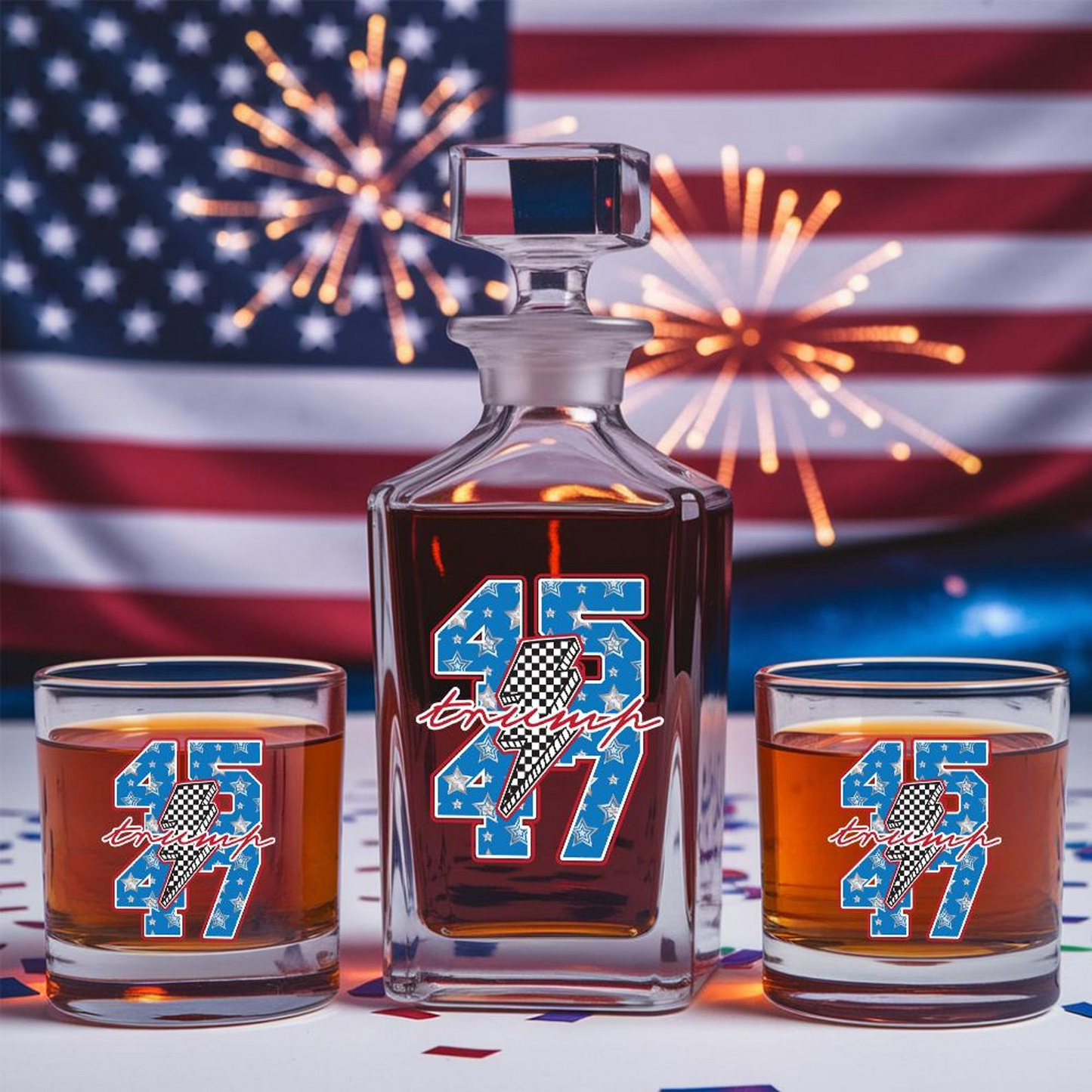 Donald Trump 45/47 Decanter & Whiskey Glass Set | Patriotic Gift | Engraved Whiskey Decanter