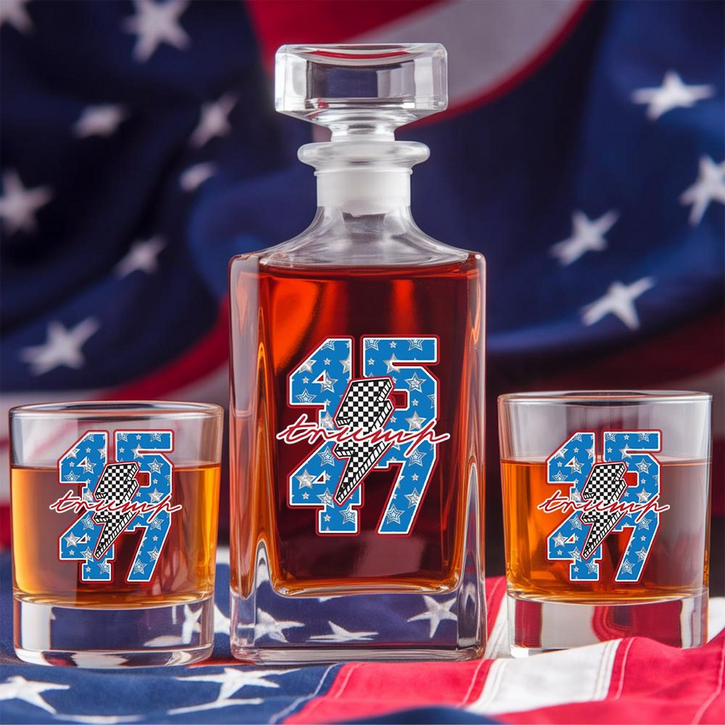 Donald Trump 45/47 Decanter & Whiskey Glass Set | Patriotic Gift | Engraved Whiskey Decanter