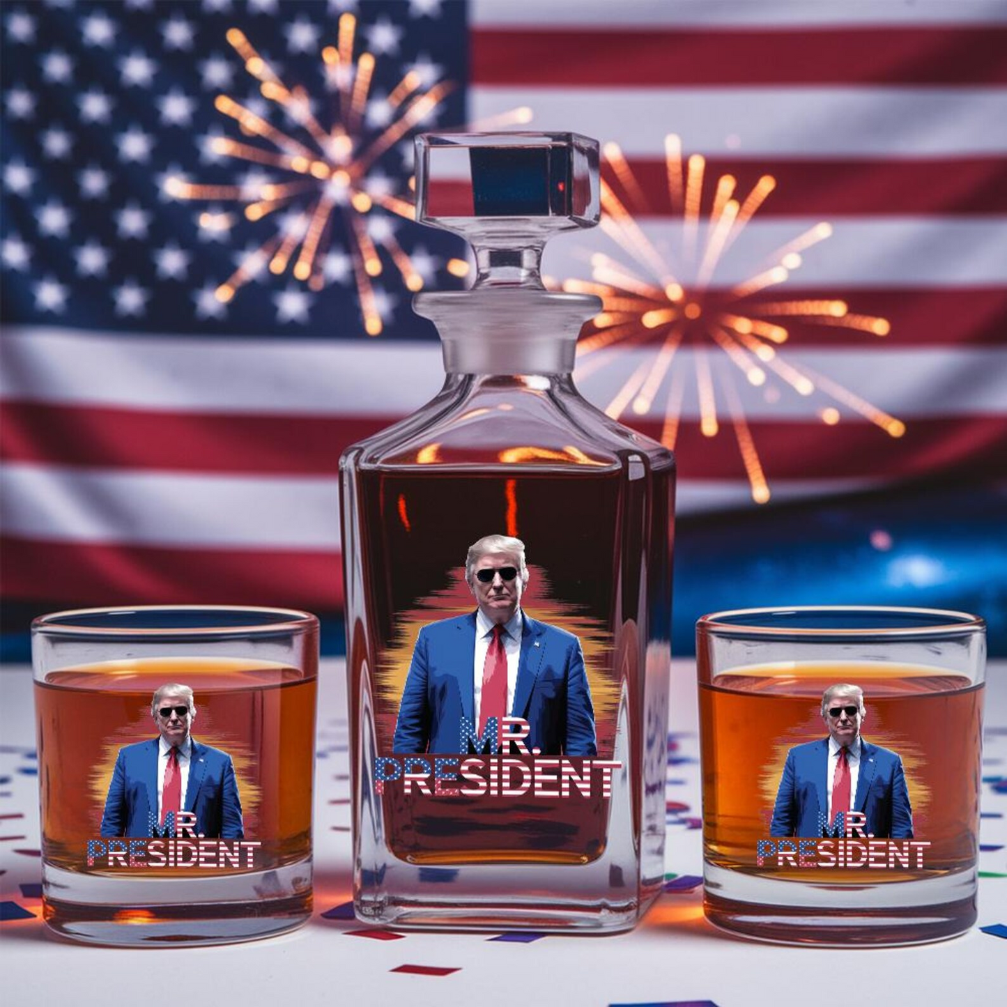 President Donald 47 Trump Decanter & Whiskey Glass Set | Patriotic Gift | Engraved Whiskey Decanter