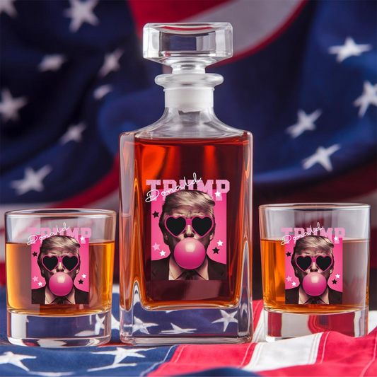 Funny President Donald Trump Blowing Pink Bubble Decanter & Whiskey Glass Set | Patriotic Gift | Engraved Whiskey Decanter