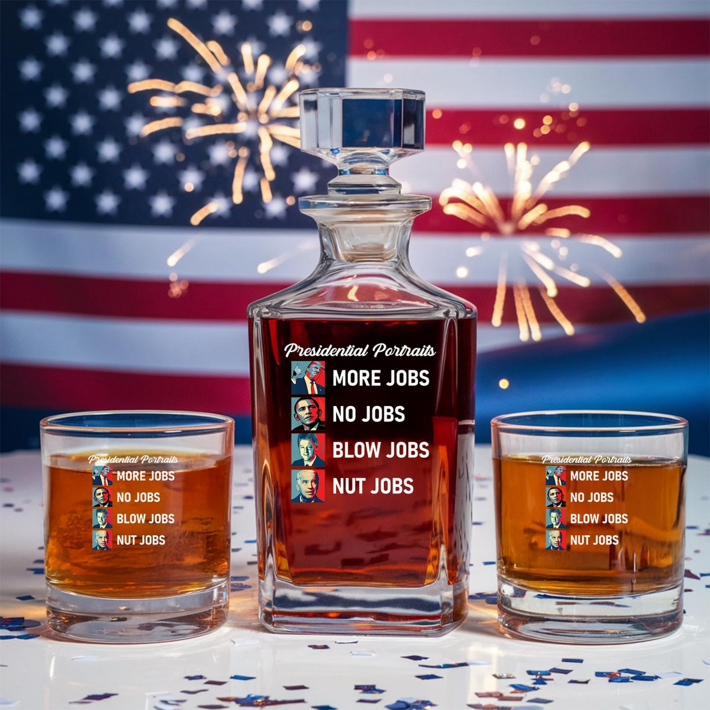 Presidential Portraits Donald Trump More Jobs Decanter & Whiskey Glass Set | Patriotic Gift | Funny Engraved Whiskey Decanter