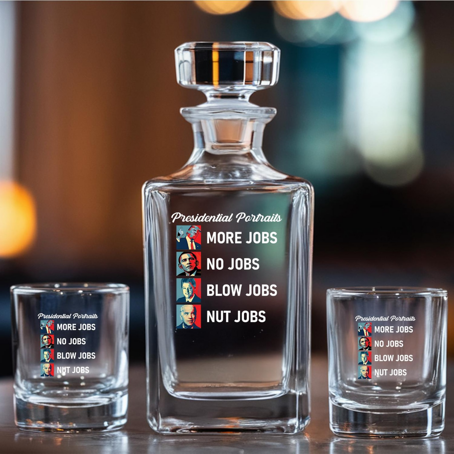 Presidential Portraits Donald Trump More Jobs Decanter & Whiskey Glass Set | Patriotic Gift | Funny Engraved Whiskey Decanter