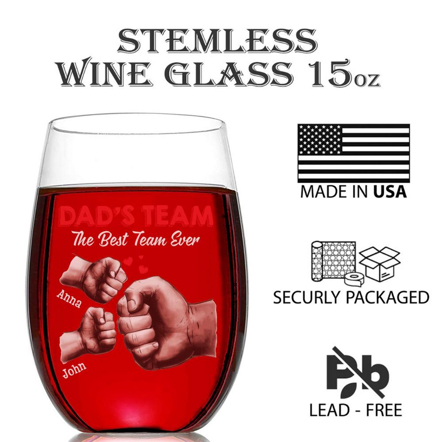 Personalized Dad's Team Wine Glass | Custom Stemless Wine Glass For Dad | Father's Day Gift