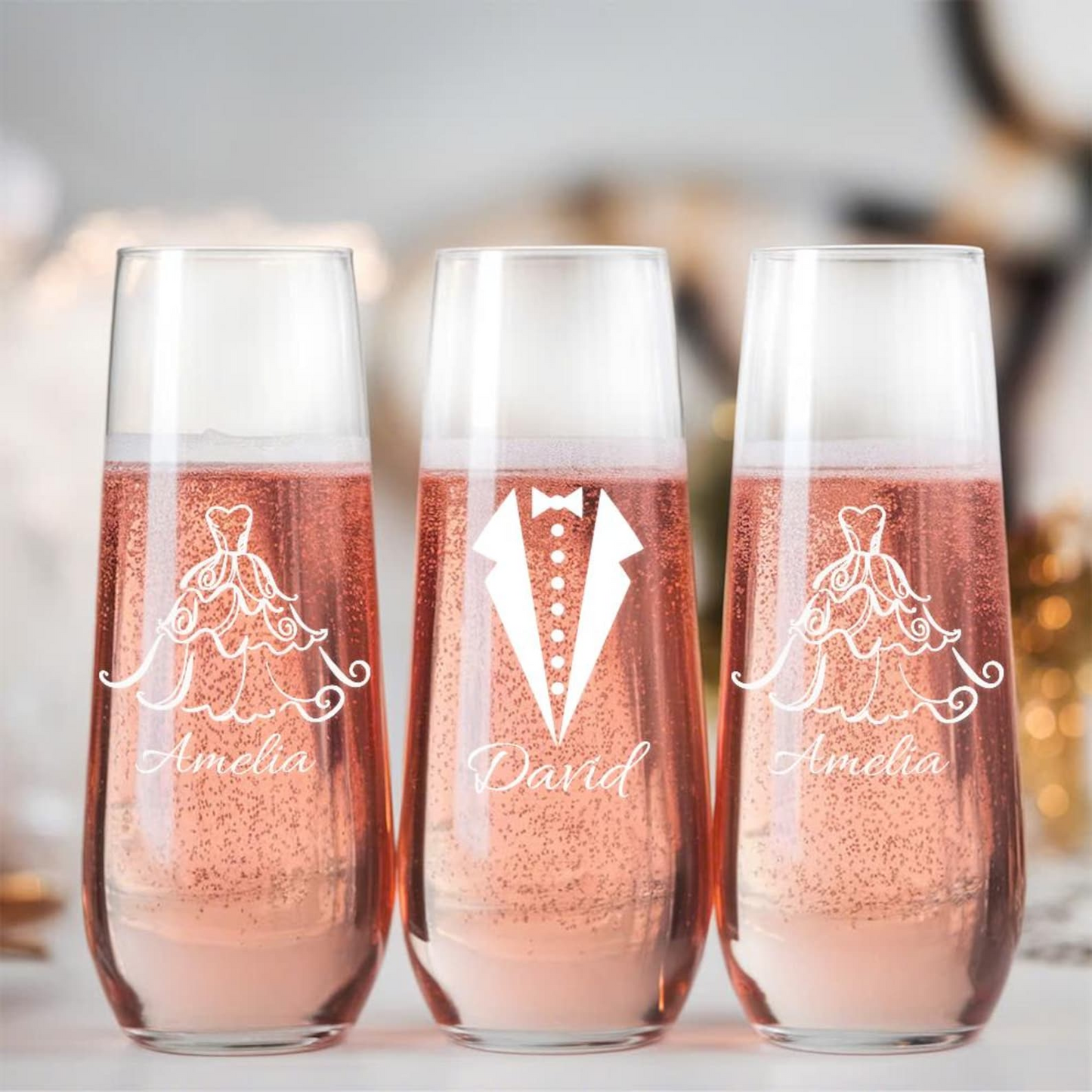 Custom Wedding Dress and Tuxedo Name Stemless Flutes Wine Glasses | Engraved Name And Date Champagne Flutes Glass | Wedding Gift