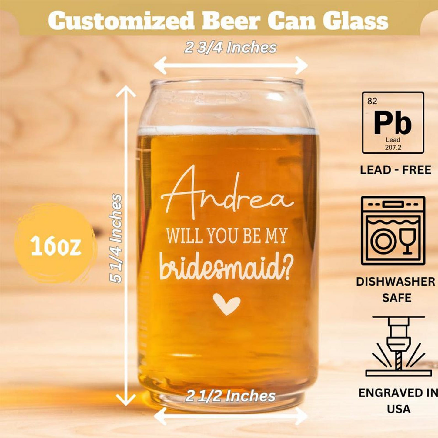 Personalized Will You Be My Bridesmaid Beer Can Glass | Custom Name Wedding Glasses | Gift For Bridesmaid