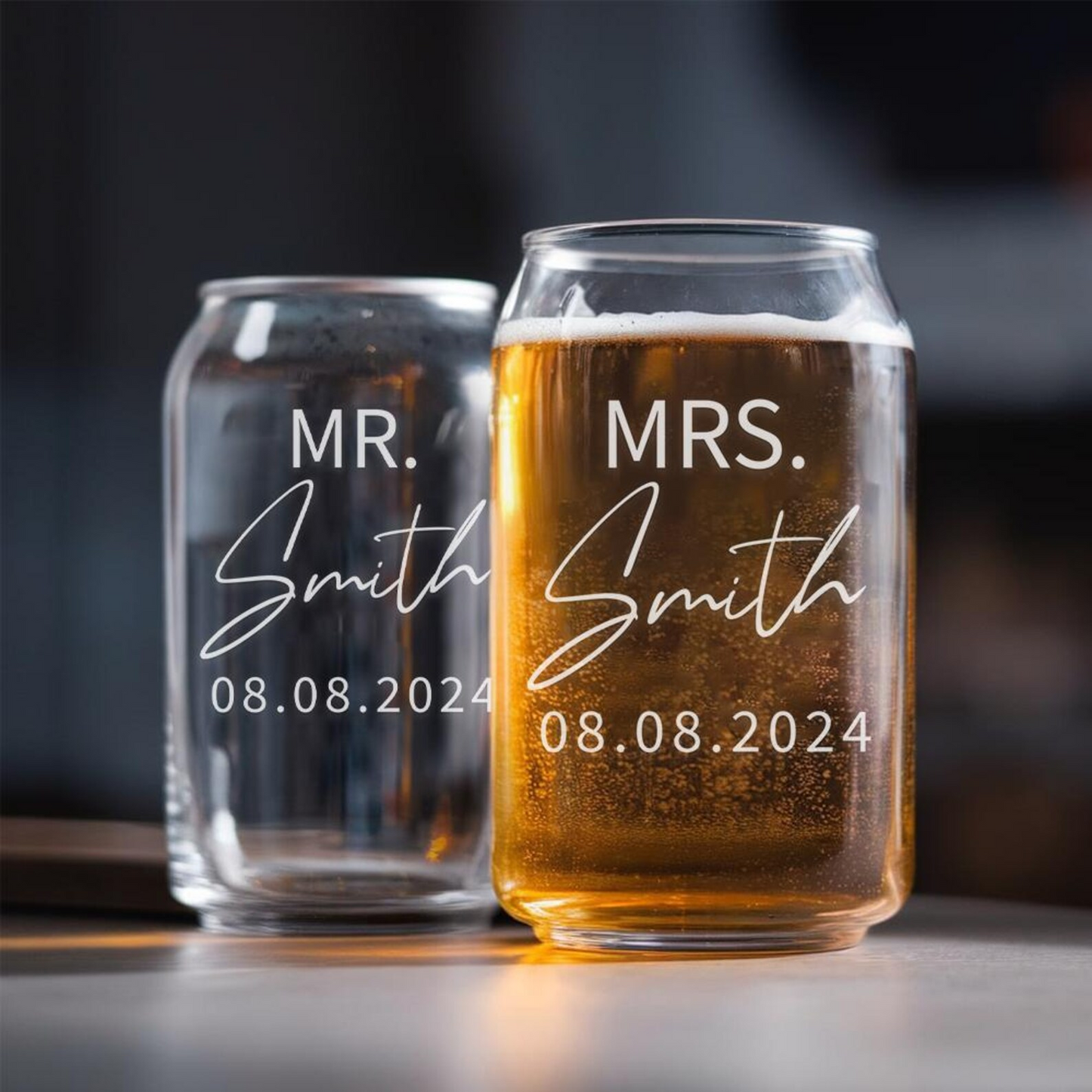 Personalized Mr And Mrs Beer Can Glass | Custom Name And Date Wedding Glasses | Gift For Couple