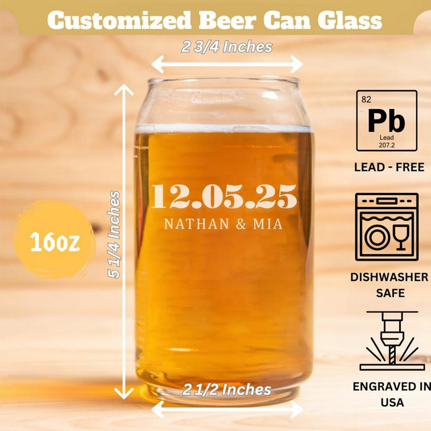 Personalized Wedding Date Beer Can Glass | Custom Name And Date Wedding Glasses | Gift For Couple