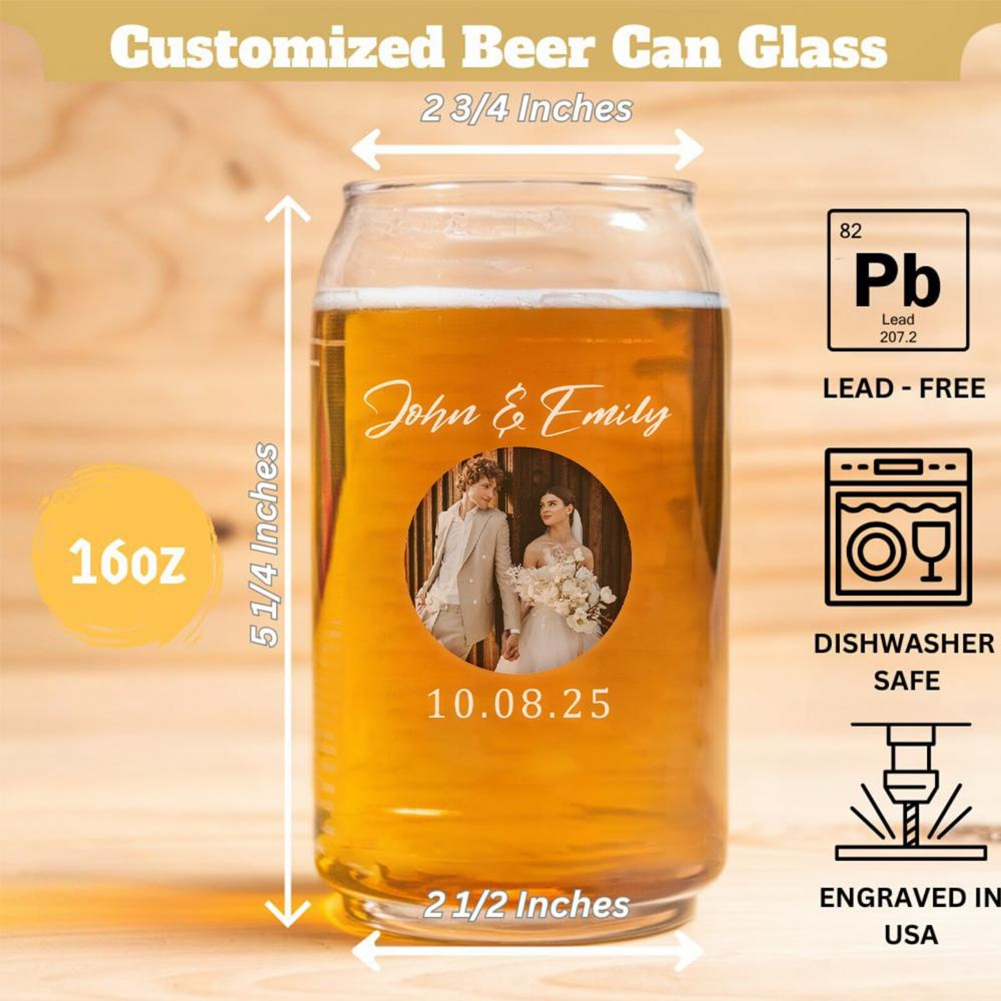 Personalized Wedding Photo Beer Can Glass | Custom Name And Date Wedding Glasses | Gift For Couple