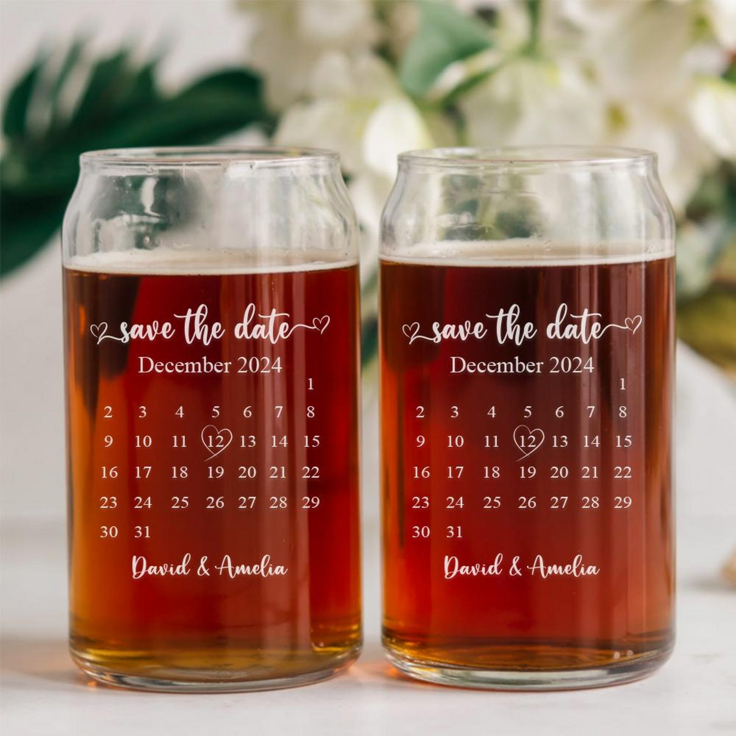Personalized Calendar Save the Date Beer Can Glass | Custom Mr And Mrs Wedding Glasses | Gift For Couple