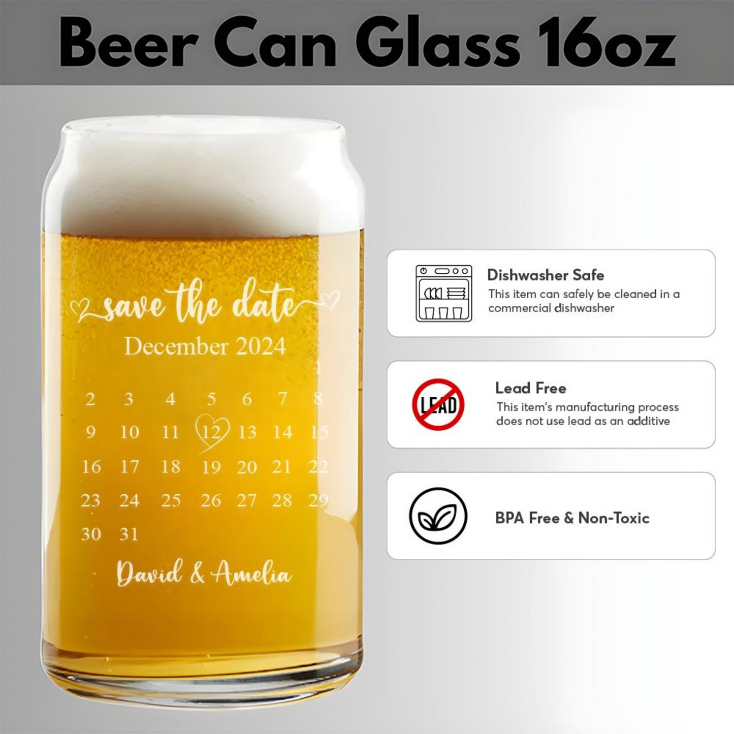Personalized Calendar Save the Date Beer Can Glass | Custom Mr And Mrs Wedding Glasses | Gift For Couple