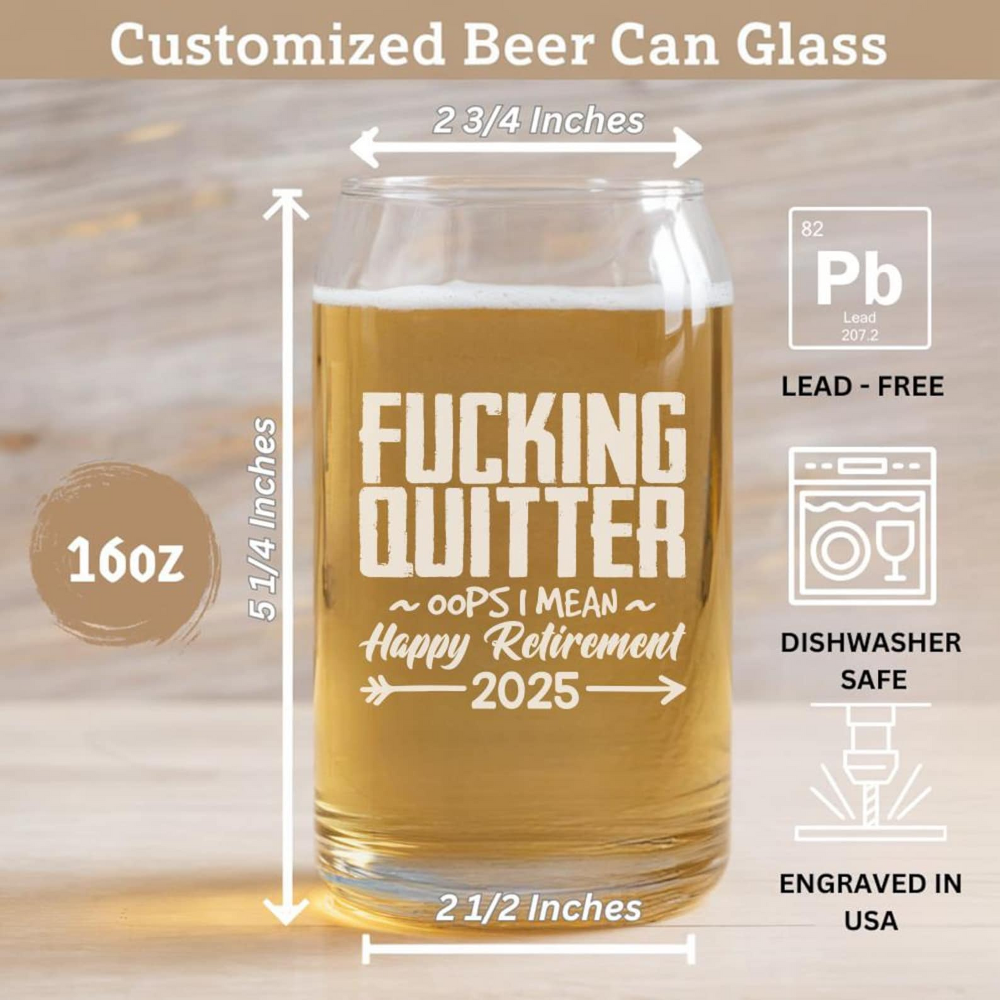 F*cking Quitter I Mean Happy Retirement 2025 Beer Can Glass 16 Oz | Retirement Gift | Beer Can Glass For Retirees