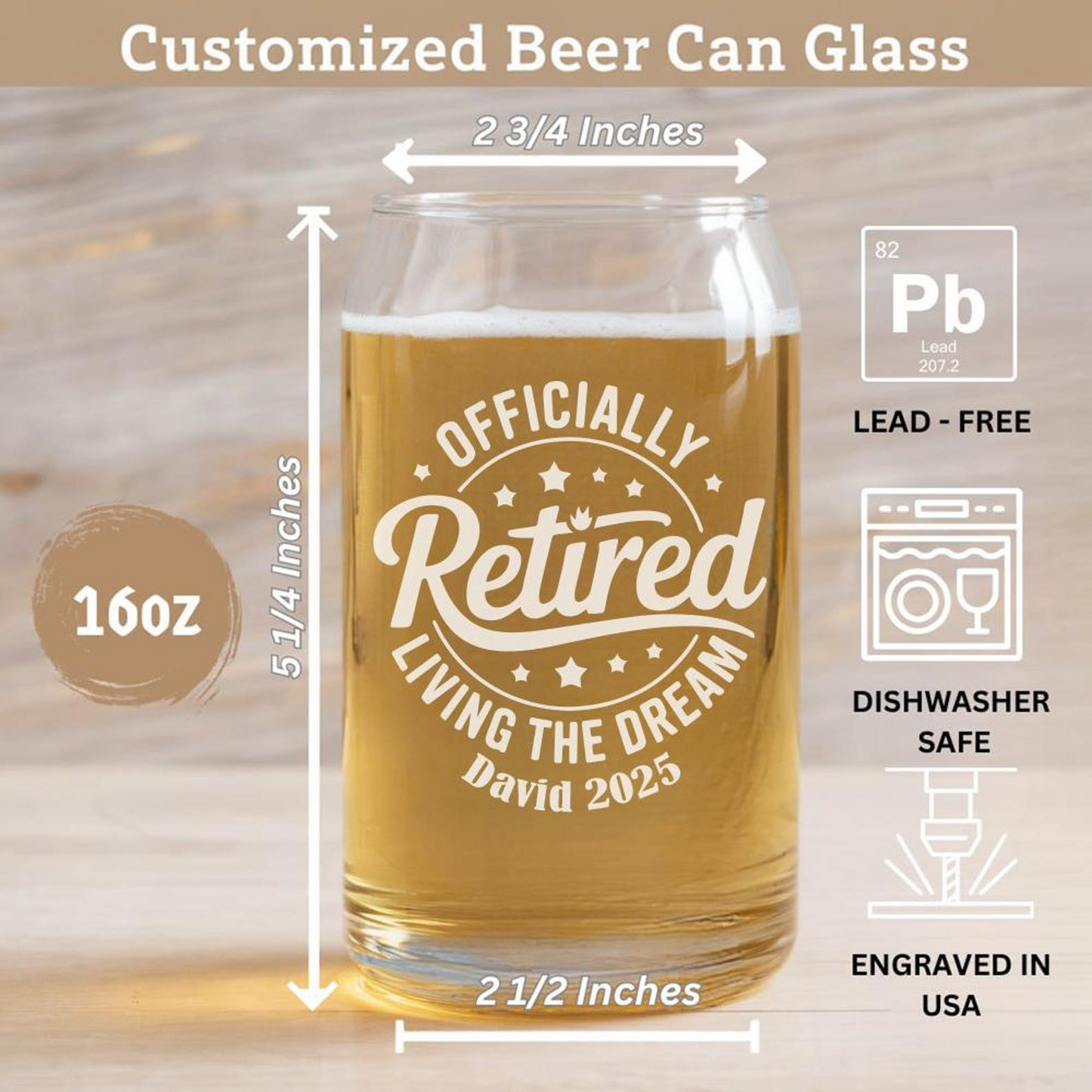 Personalized Officially Retired Living The Dream Beer Can Glass 16 Oz | Retirement Gift | Beer Can Glass For Retirees