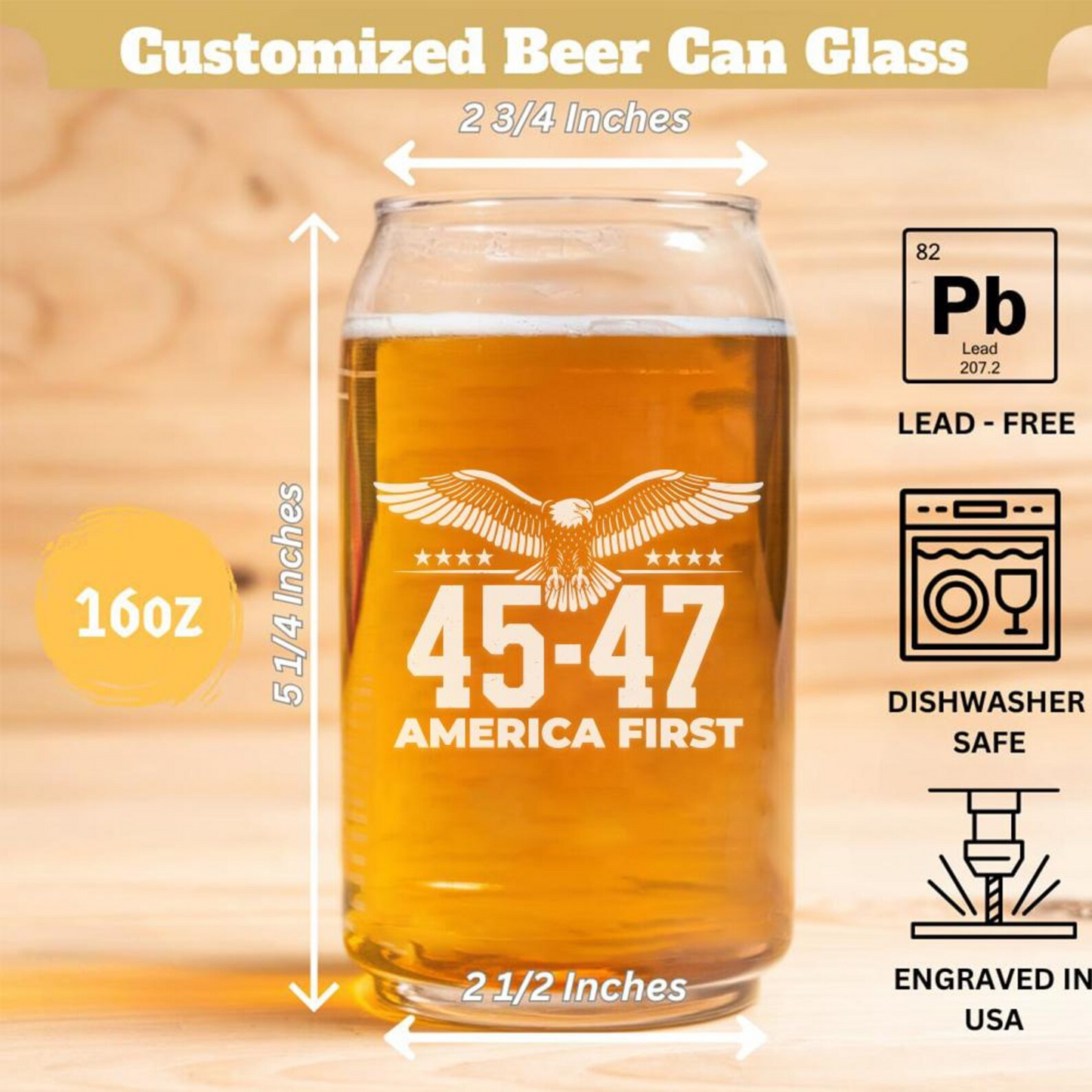 Trump 45 47 America First Beer Can Glass 16oz | Trump Presidential Pint Glass | Gift For Trump Supporters