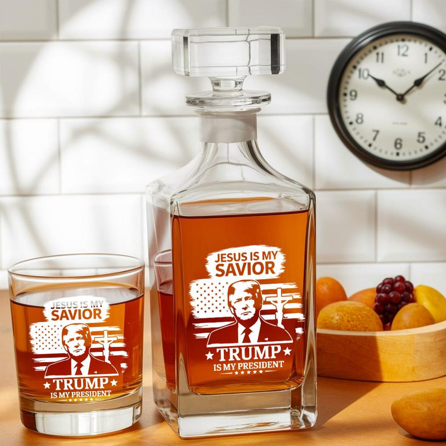 Jesus Is My Savior Trump Is My President Decanter & Whiskey Glass Set | Patriotic Gift | Engraved Whiskey Decanter