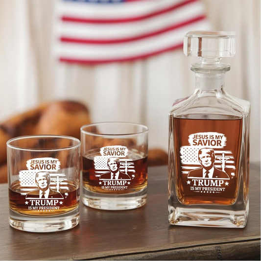 Jesus Is My Savior Trump Is My President Decanter & Whiskey Glass Set | Patriotic Gift | Engraved Whiskey Decanter