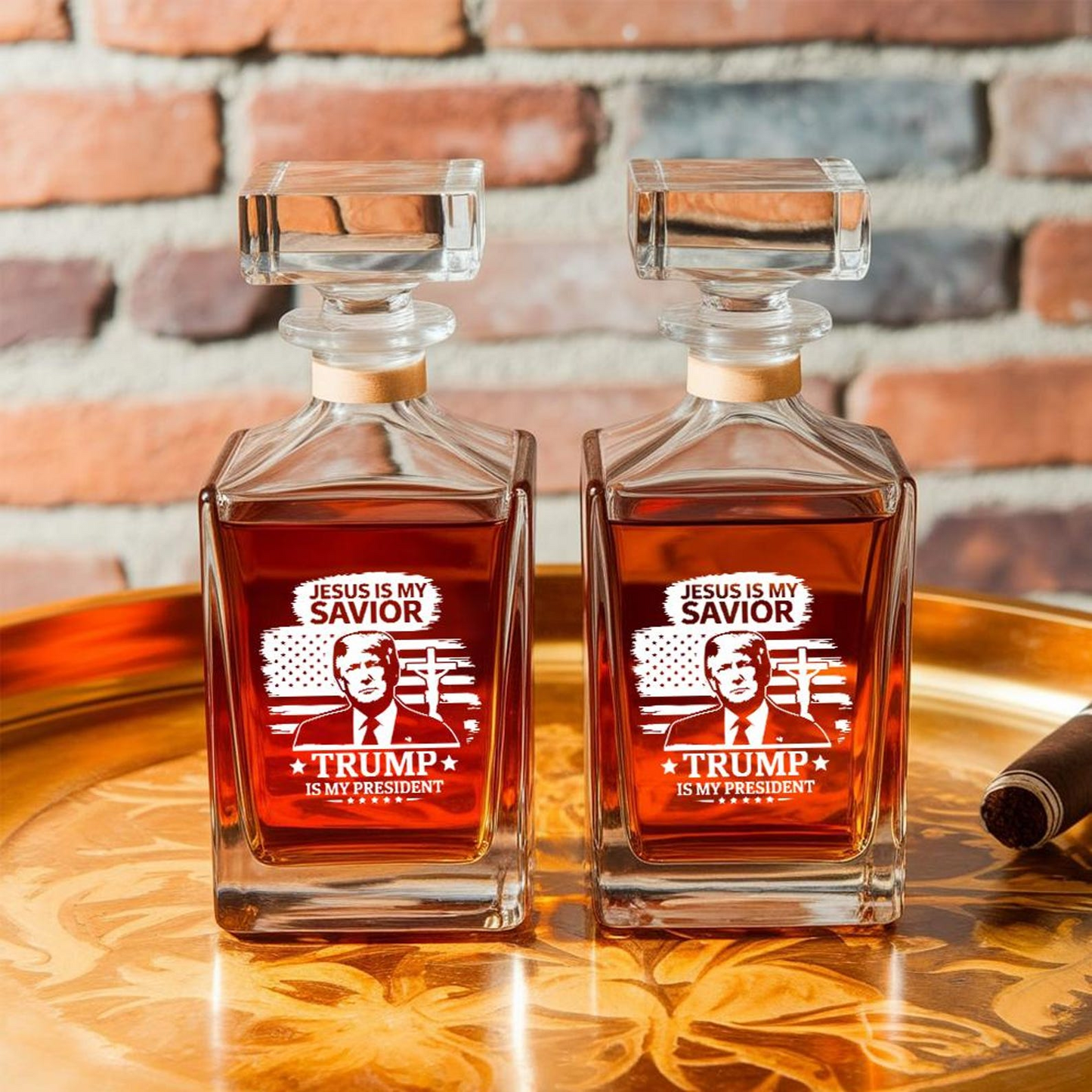 Jesus Is My Savior Trump Is My President Decanter & Whiskey Glass Set | Patriotic Gift | Engraved Whiskey Decanter