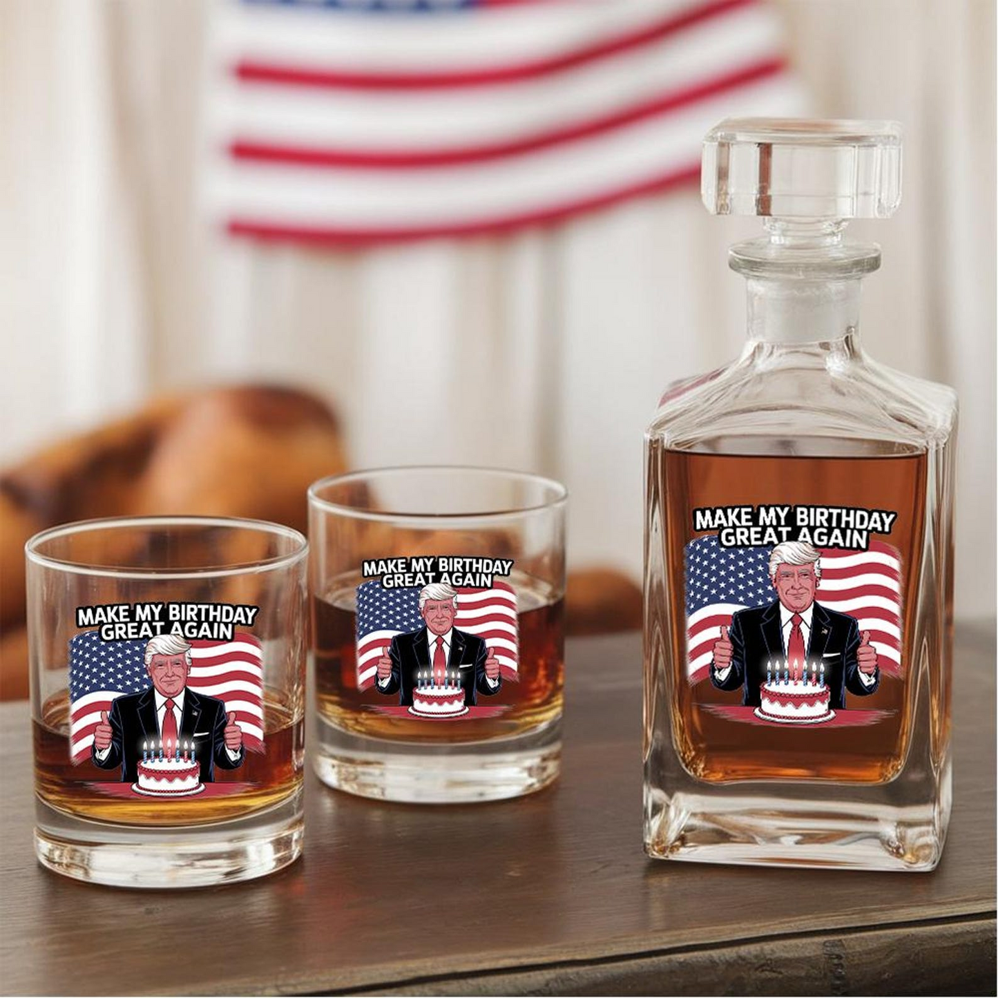 Make My Birthday Great Again Trump Decanter & Whiskey Glass Set | Patriotic Gift | Engraved Whiskey Decanter