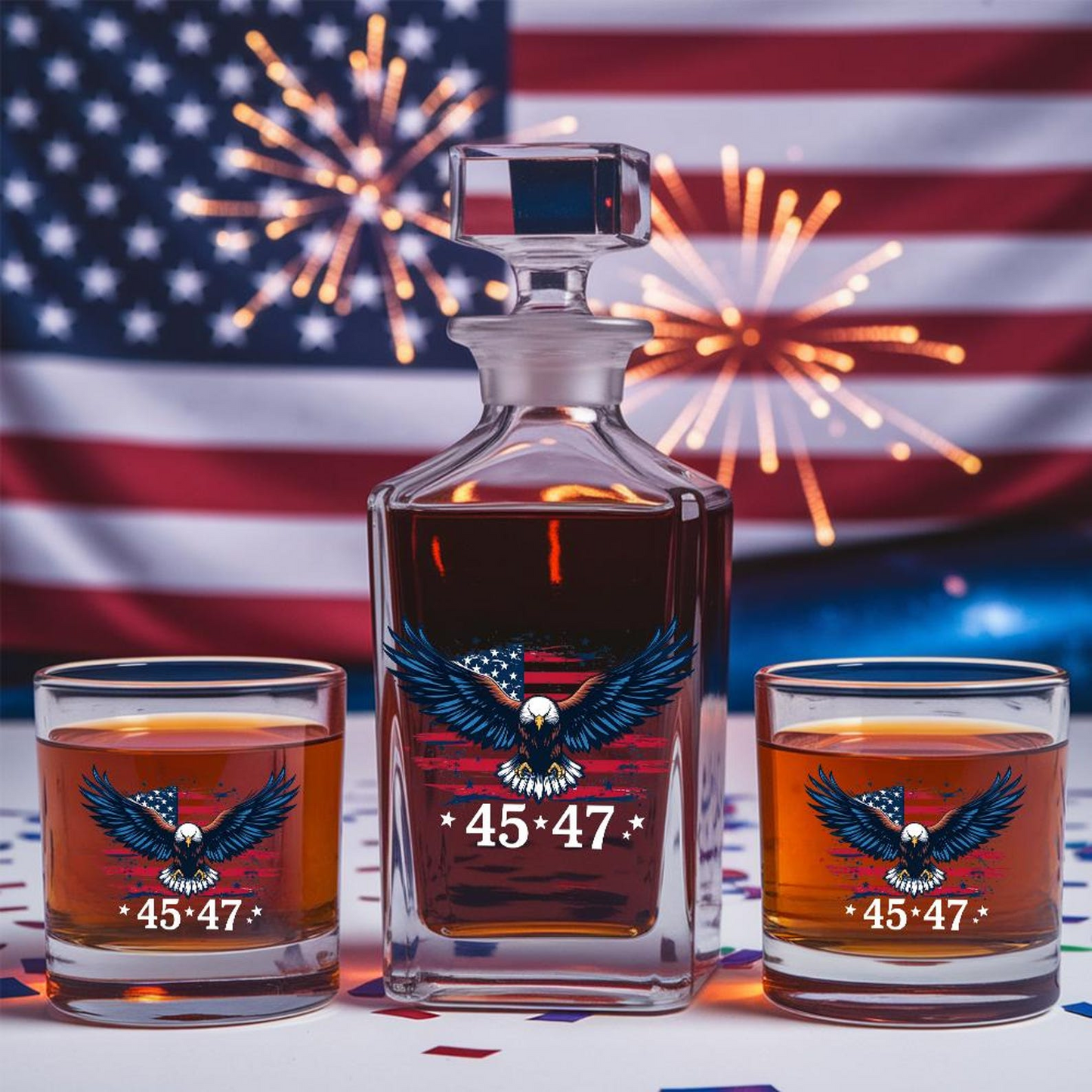 MAGA President Trump Graphics Decanter & Whiskey Glass Set | Patriotic Gift | Engraved Whiskey Decanter