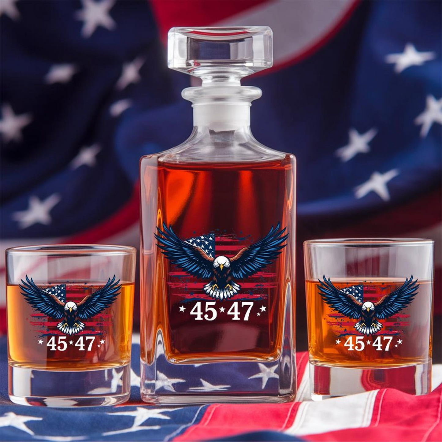 MAGA President Trump Graphics Decanter & Whiskey Glass Set | Patriotic Gift | Engraved Whiskey Decanter