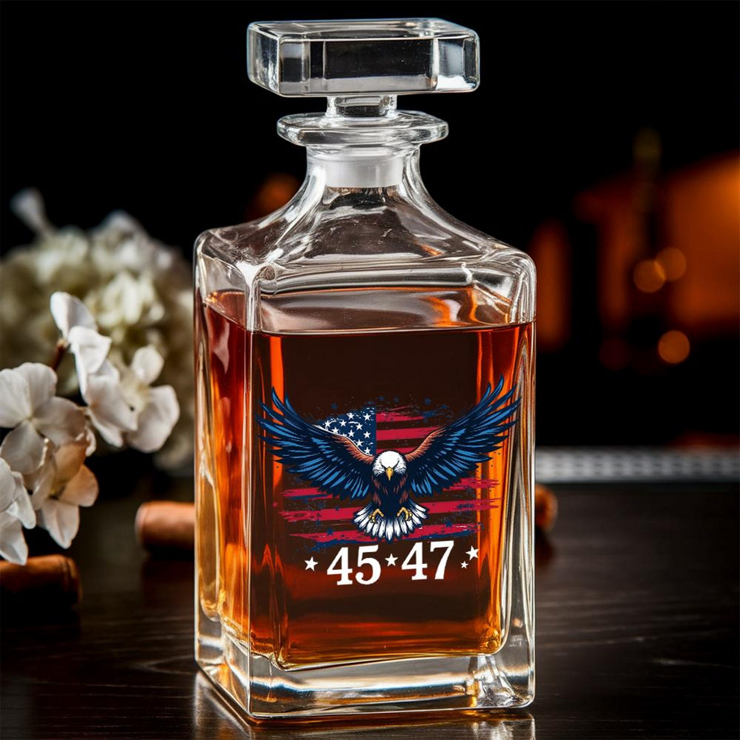 MAGA President Trump Graphics Decanter & Whiskey Glass Set | Patriotic Gift | Engraved Whiskey Decanter