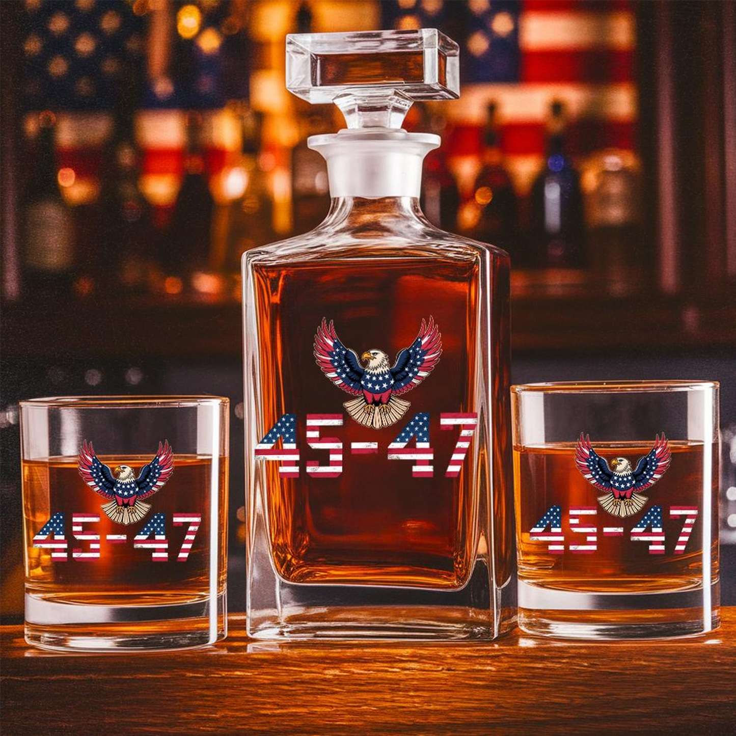 Trump 45 47 American Flag Decanter & Whiskey Glass Set | Patriotic Gift | Engraved Whiskey Decanter