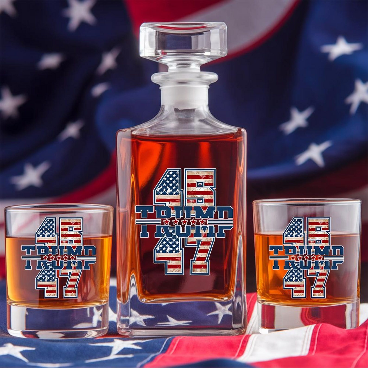 President Trump 45 47 Decanter & Whiskey Glass Set | Patriotic Gift | Engraved Whiskey Decanter