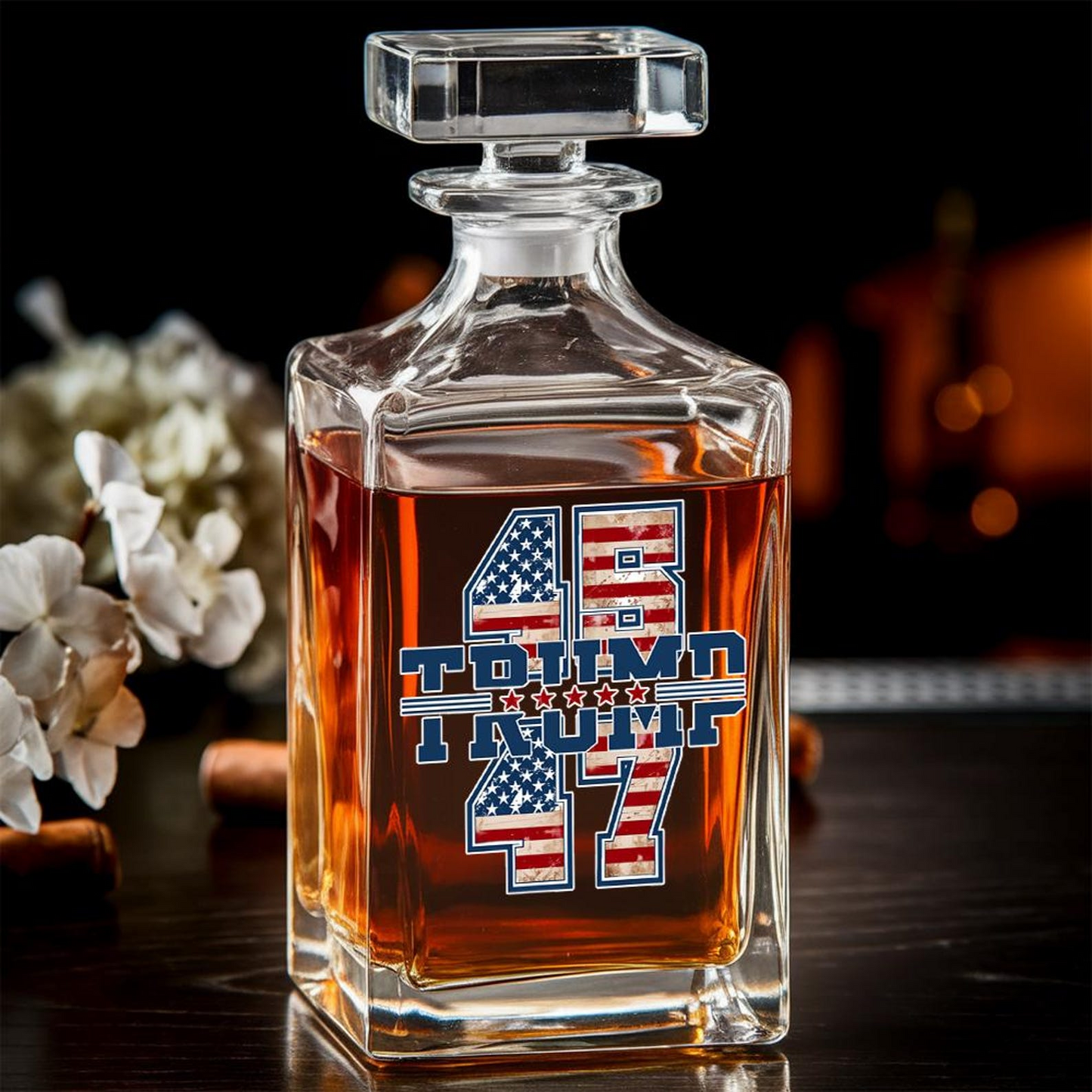 President Trump 45 47 Decanter & Whiskey Glass Set | Patriotic Gift | Engraved Whiskey Decanter