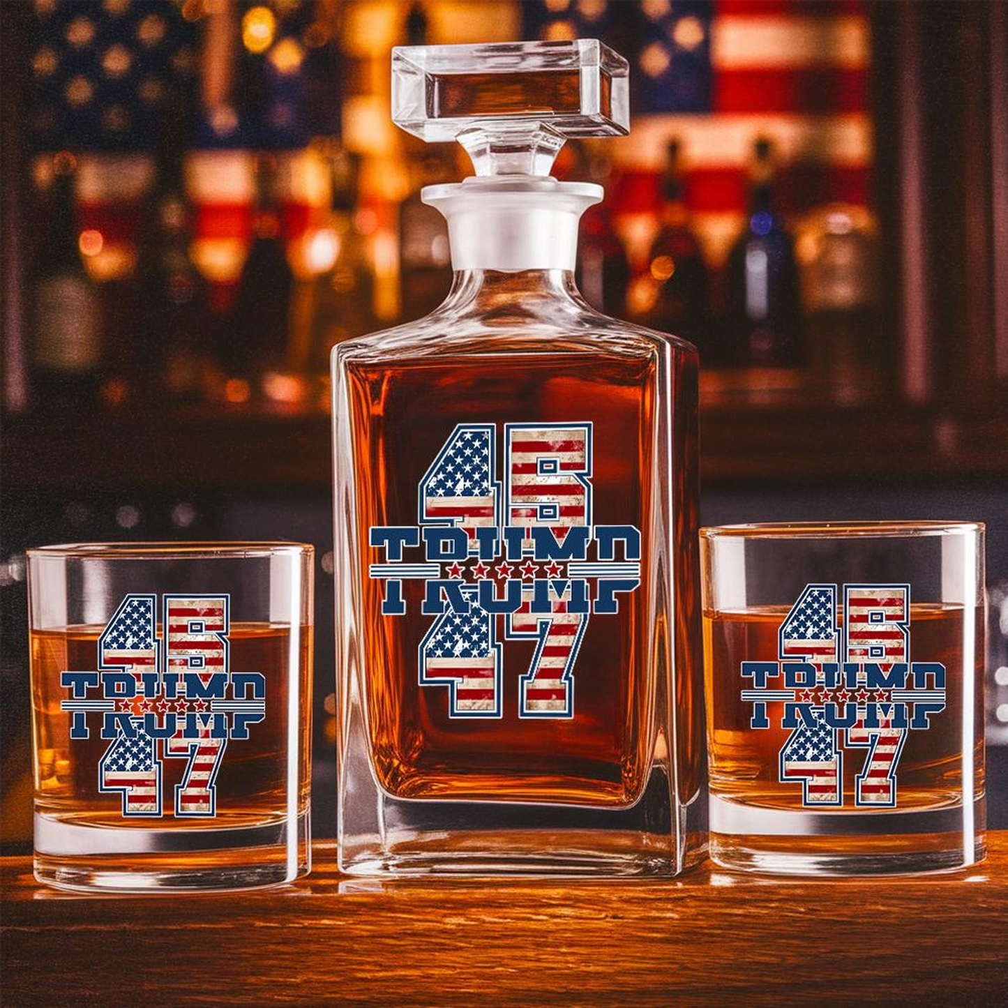 President Trump 45 47 Decanter & Whiskey Glass Set | Patriotic Gift | Engraved Whiskey Decanter