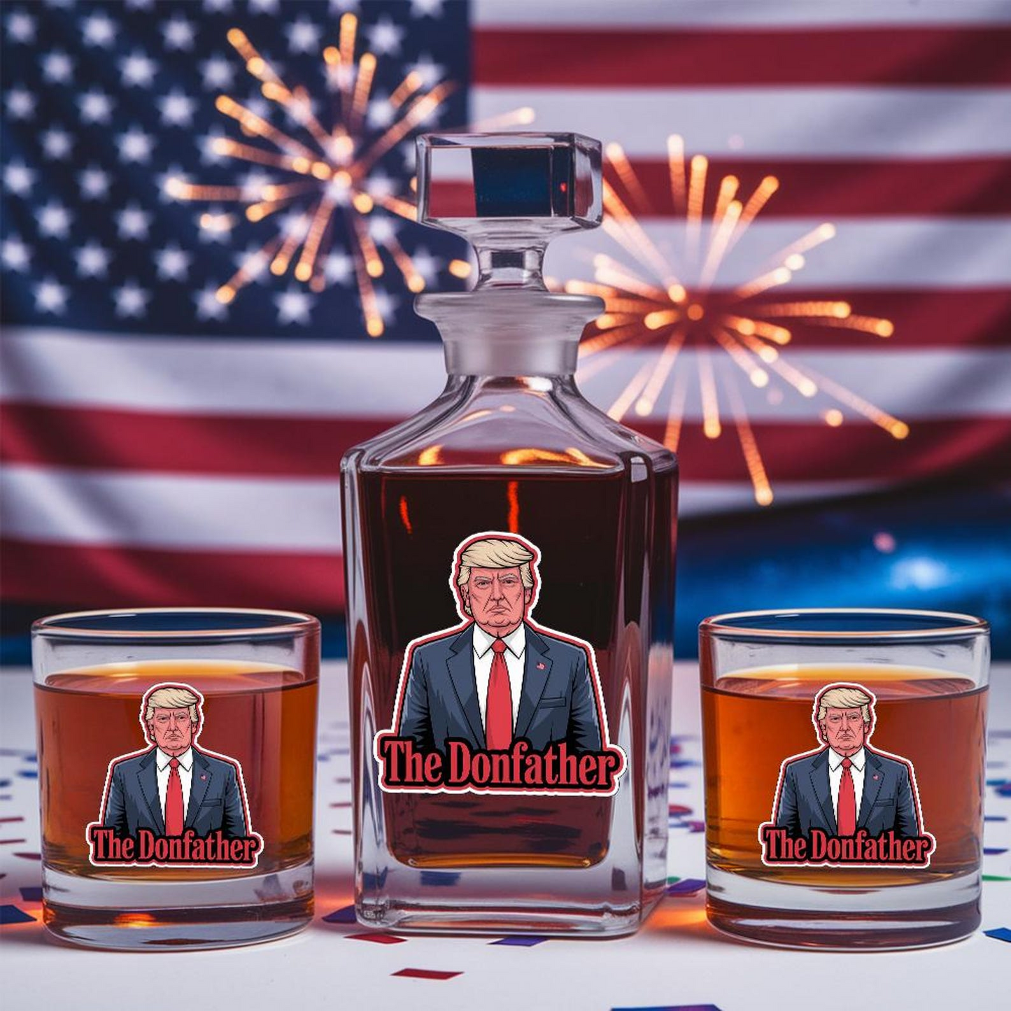 Trump The Donfather Decanter & Whiskey Glass Set | Patriotic Gift | Funny Engraved Whiskey Decanter