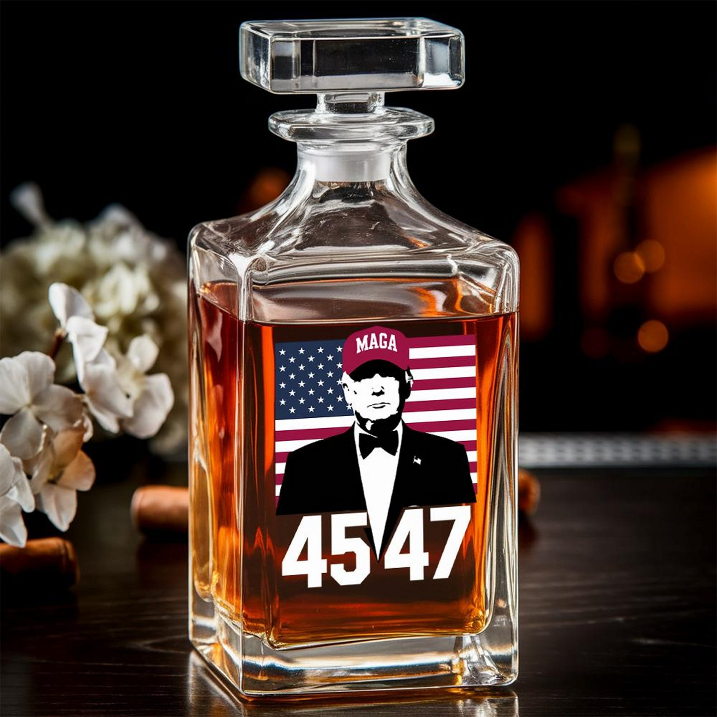 Trump 45 47 Decanter & Whiskey Glass Set | Patriotic Gift | Funny Engraved Whiskey Decanter
