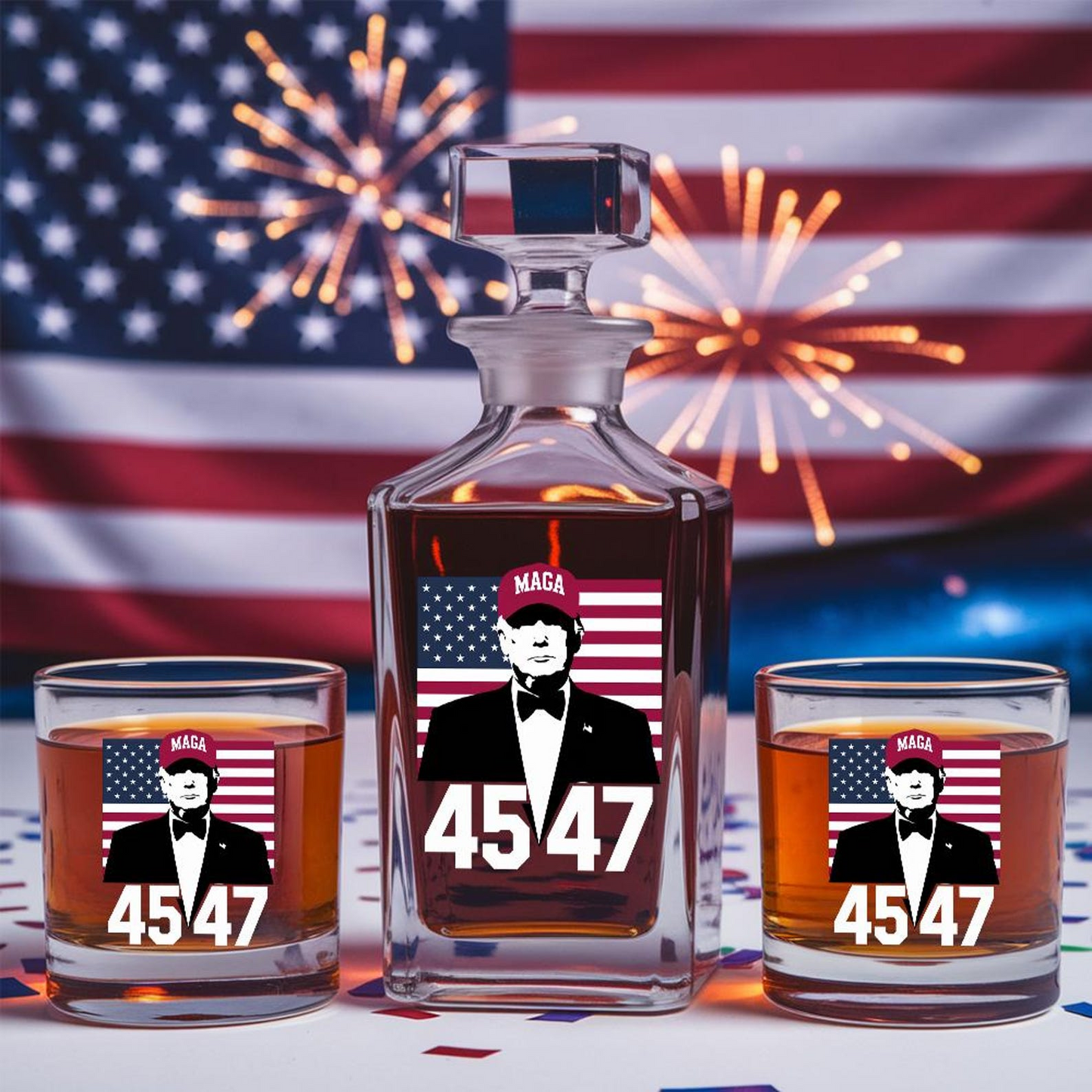Trump 45 47 Decanter & Whiskey Glass Set | Patriotic Gift | Funny Engraved Whiskey Decanter