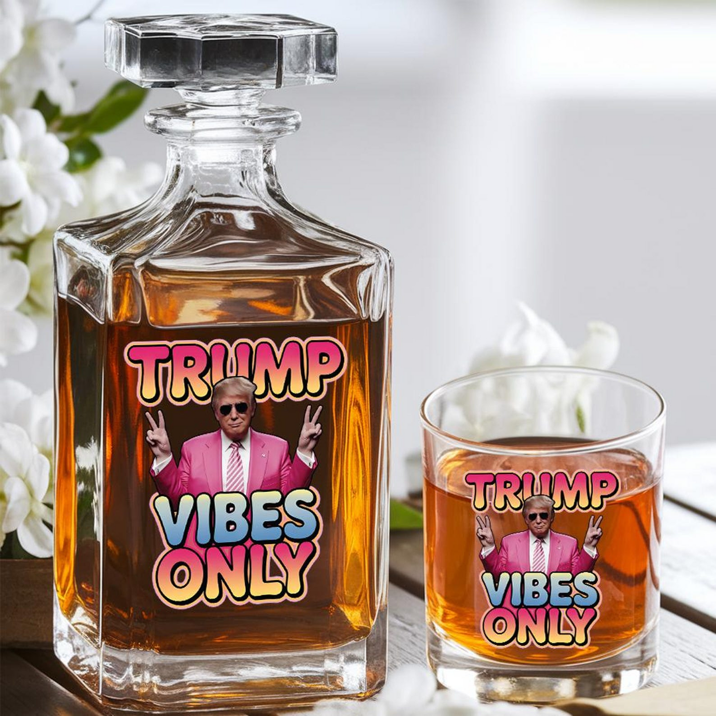 Trump Vibes Only Decanter & Whiskey Glass Set | Patriotic Gift | Funny Engraved Whiskey Decanter