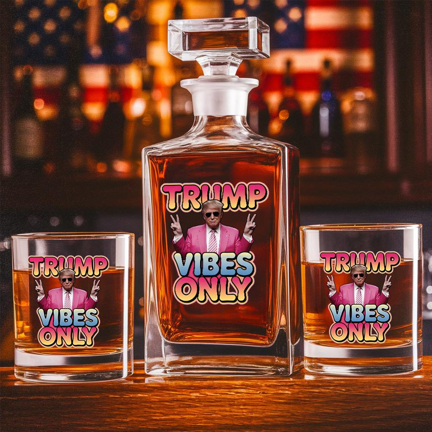 Trump Vibes Only Decanter & Whiskey Glass Set | Patriotic Gift | Funny Engraved Whiskey Decanter