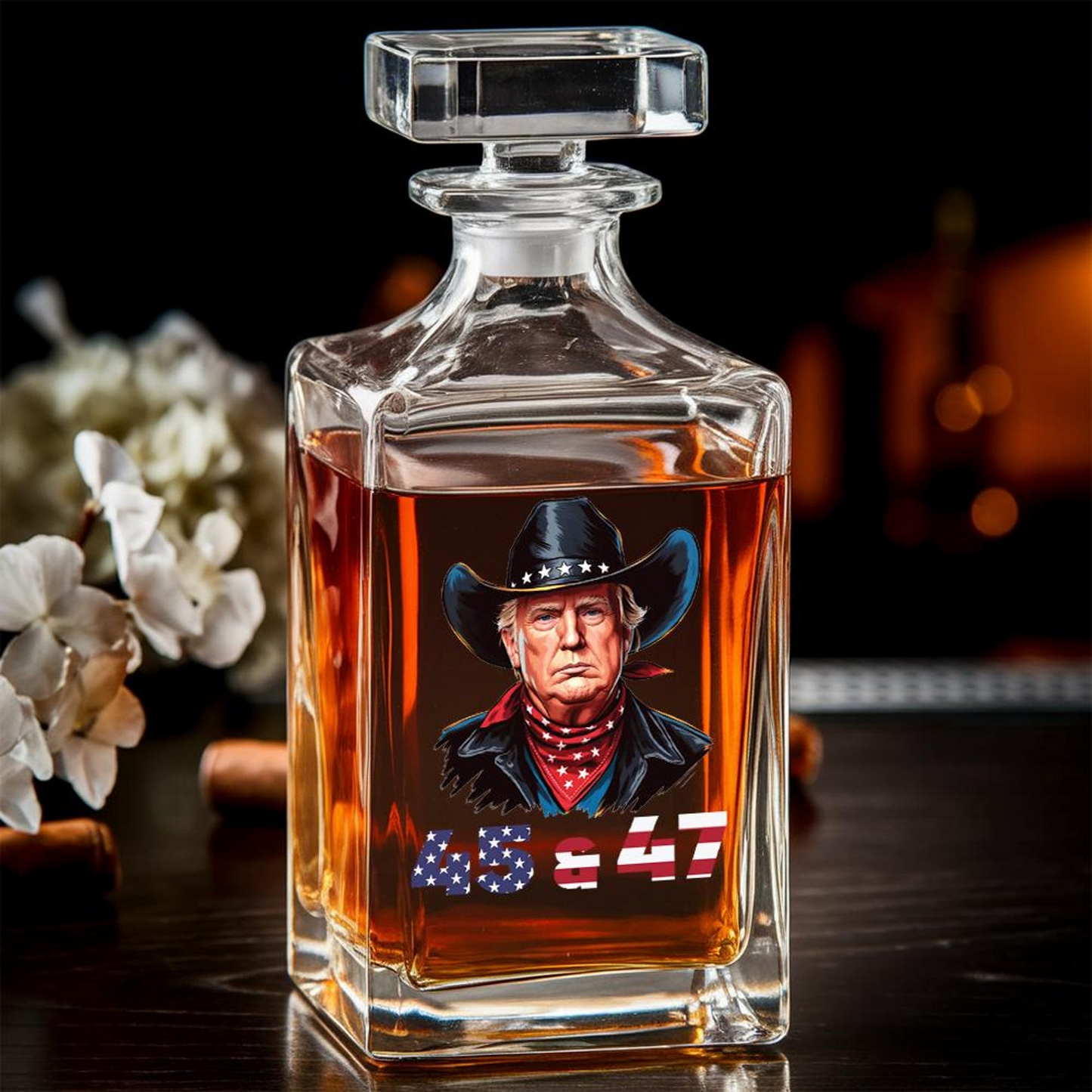 Trump Cowboy Decanter & Whiskey Glass Set | Patriotic Gift | Funny Engraved Whiskey Decanter