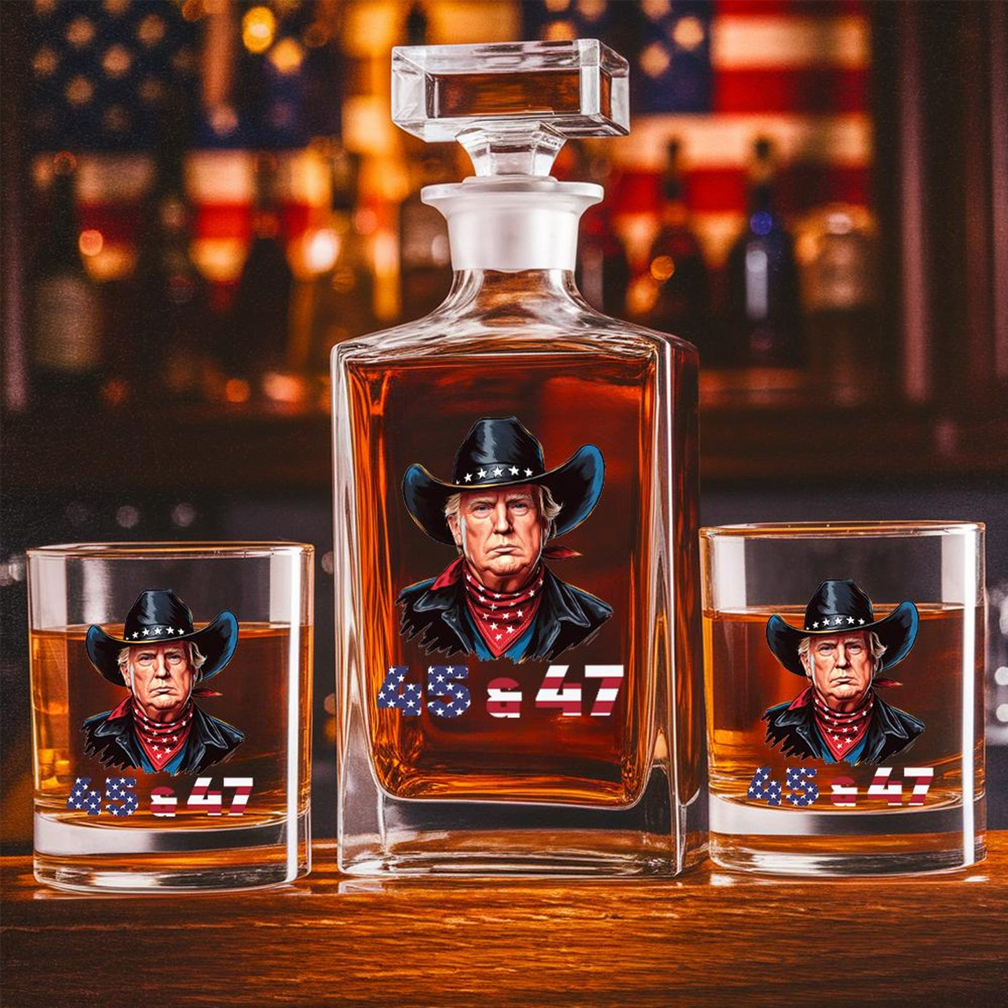 Trump Cowboy Decanter & Whiskey Glass Set | Patriotic Gift | Funny Engraved Whiskey Decanter