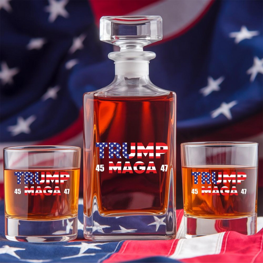 Trump Maga 45 47 Decanter & Whiskey Glass Set | Patriotic Gift | Engraved Whiskey Decanter